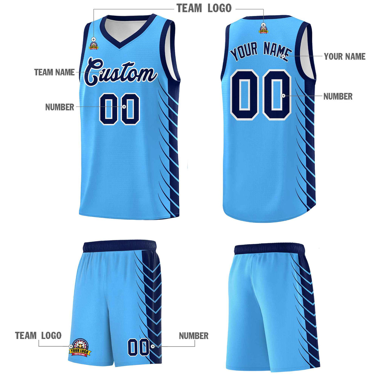 Custom Powder Blue Navy Personalized Side Symmetrical Line Pattern Sports Uniform Basketball Jersey