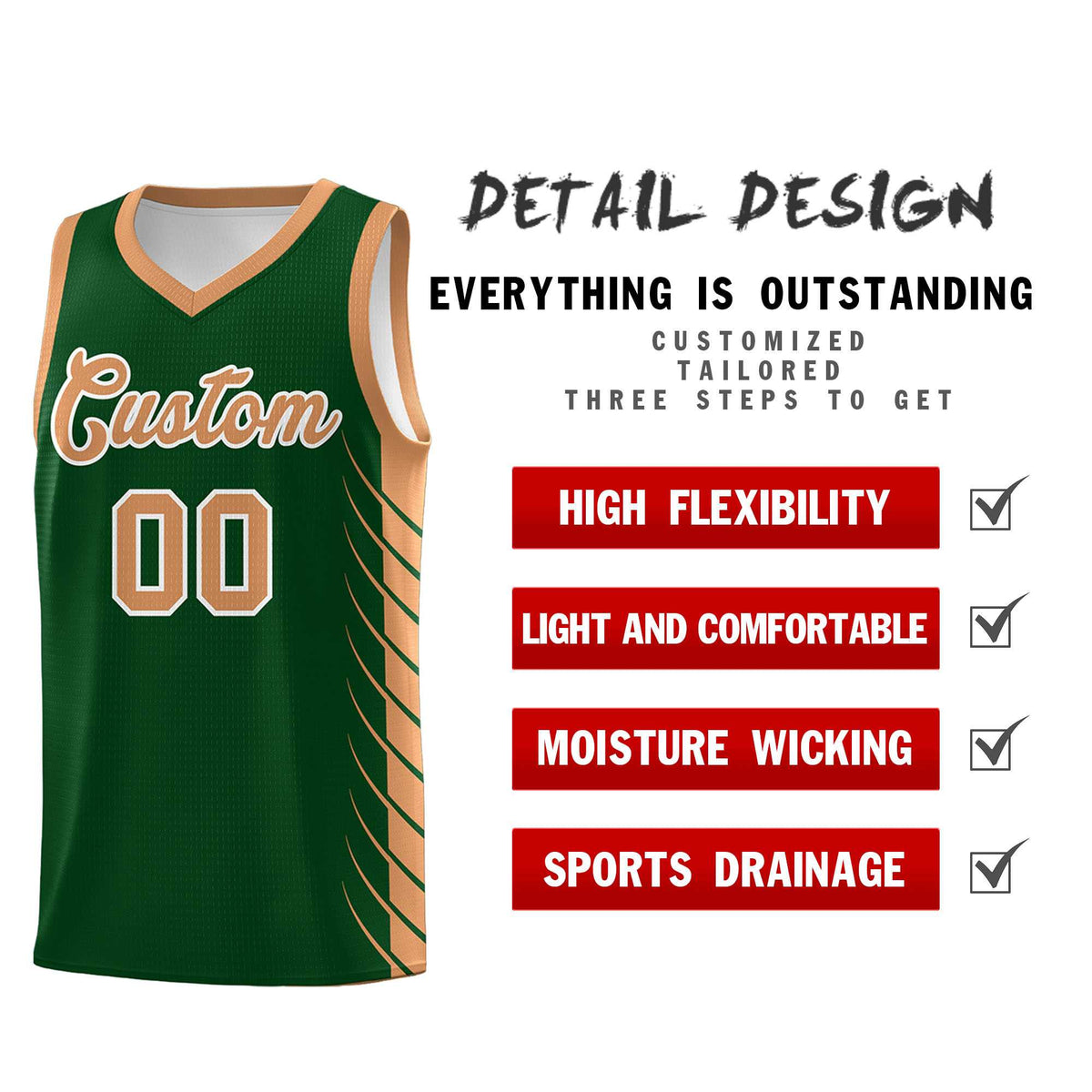 Custom Green Buckskin Brown Personalized Side Symmetrical Line Pattern Sports Uniform Basketball Jersey| KXKSHOP