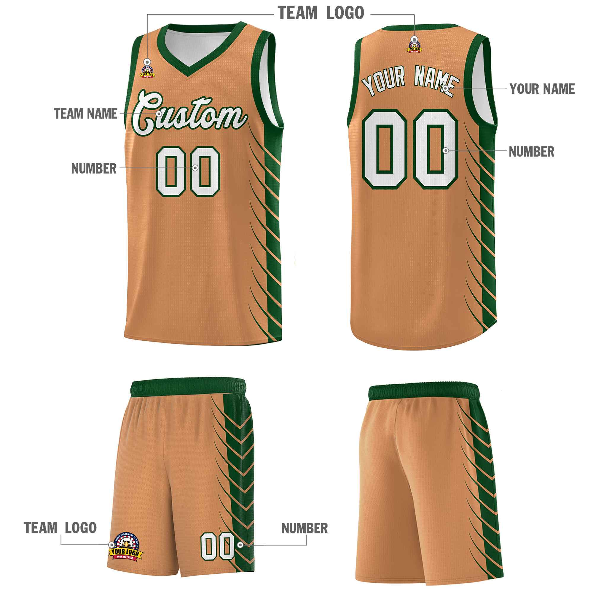 Custom Buckskin Brown Green Personalized Side Symmetrical Line Pattern Sports Uniform Basketball Jersey