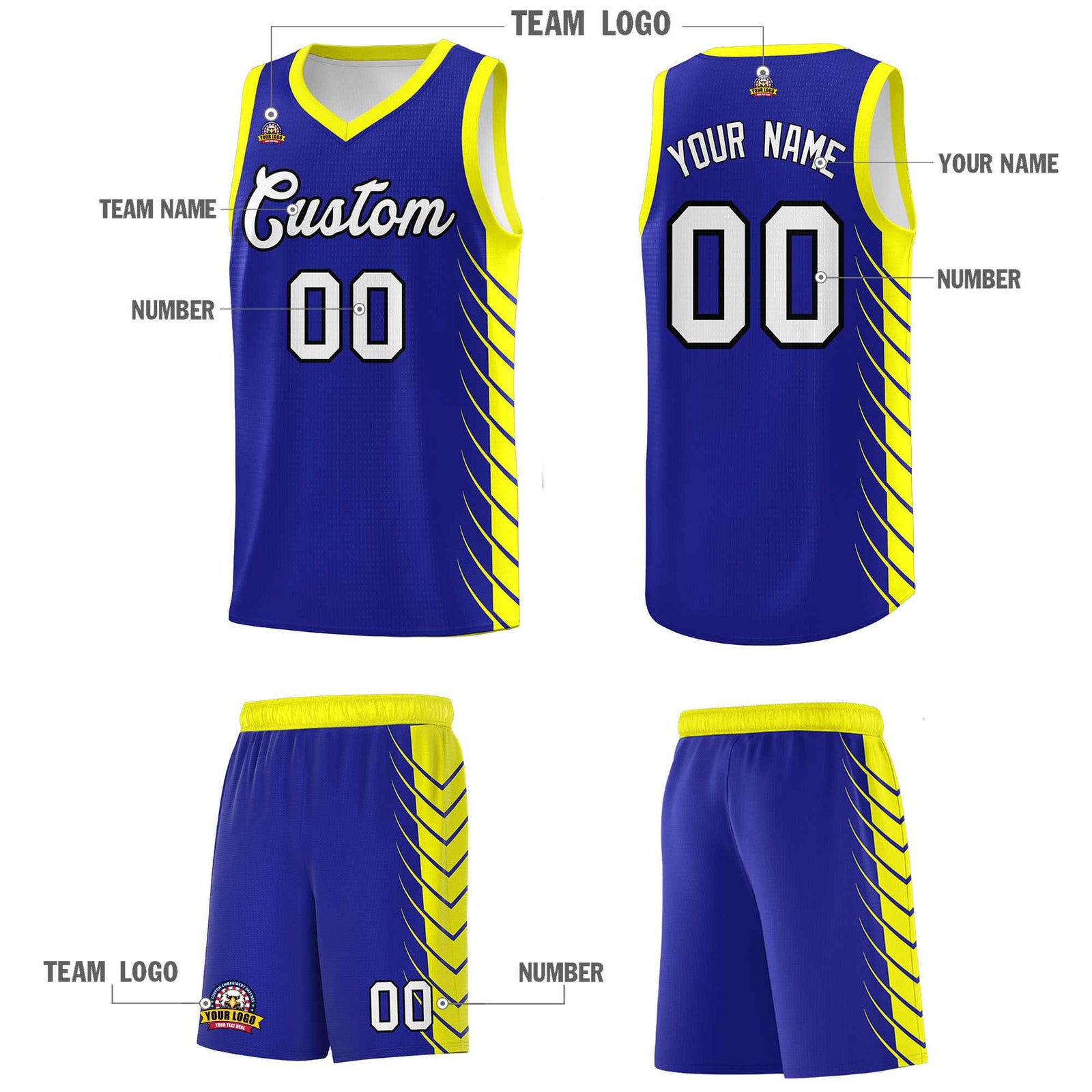 Custom Royal Fluorescent Yellow Personalized Side Symmetrical Line Pattern Sports Uniform Basketball Jersey