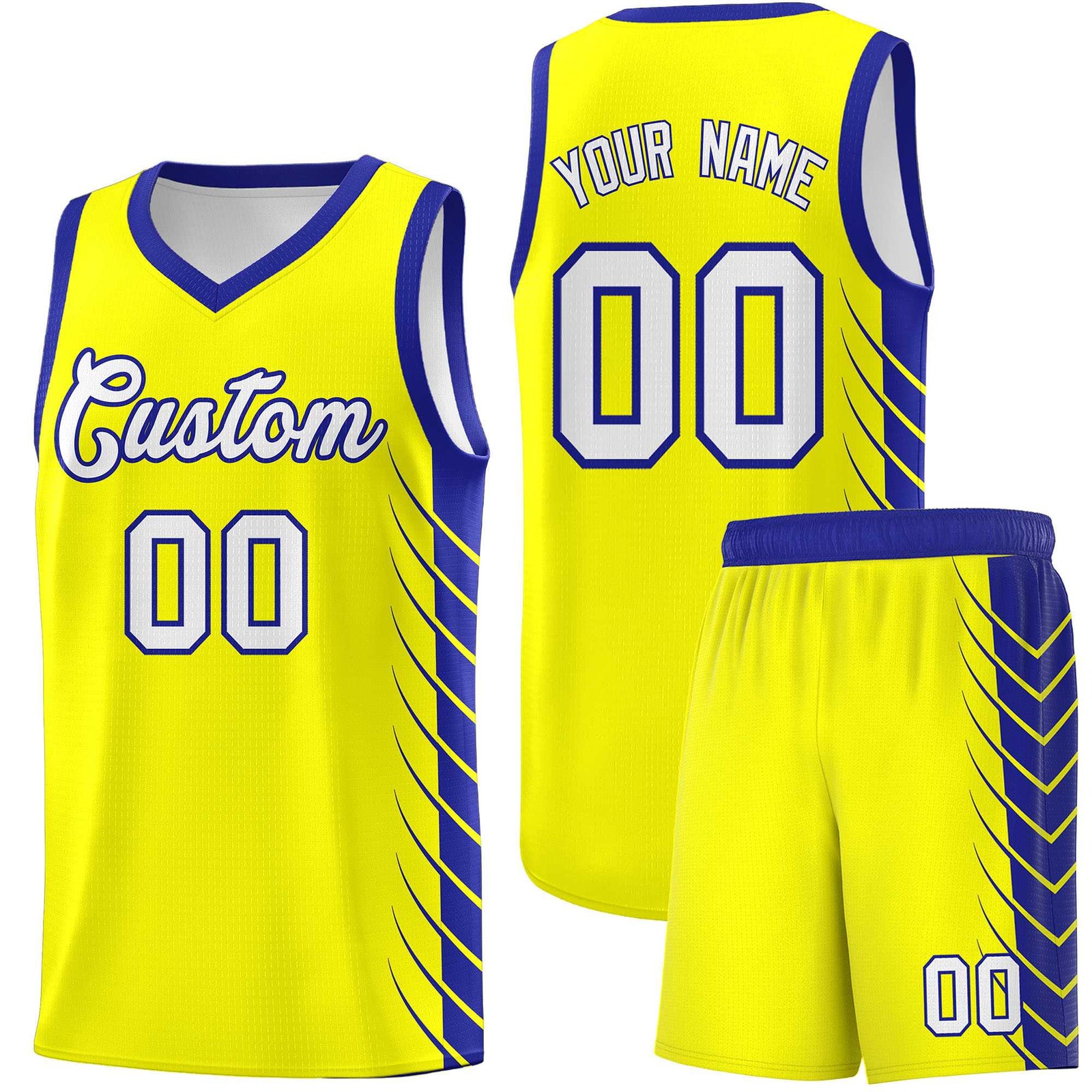 Custom Fluorescent Yellow Royal Personalized Side Symmetrical Line Pattern Sports Uniform Basketball Jersey| KXKSHOP