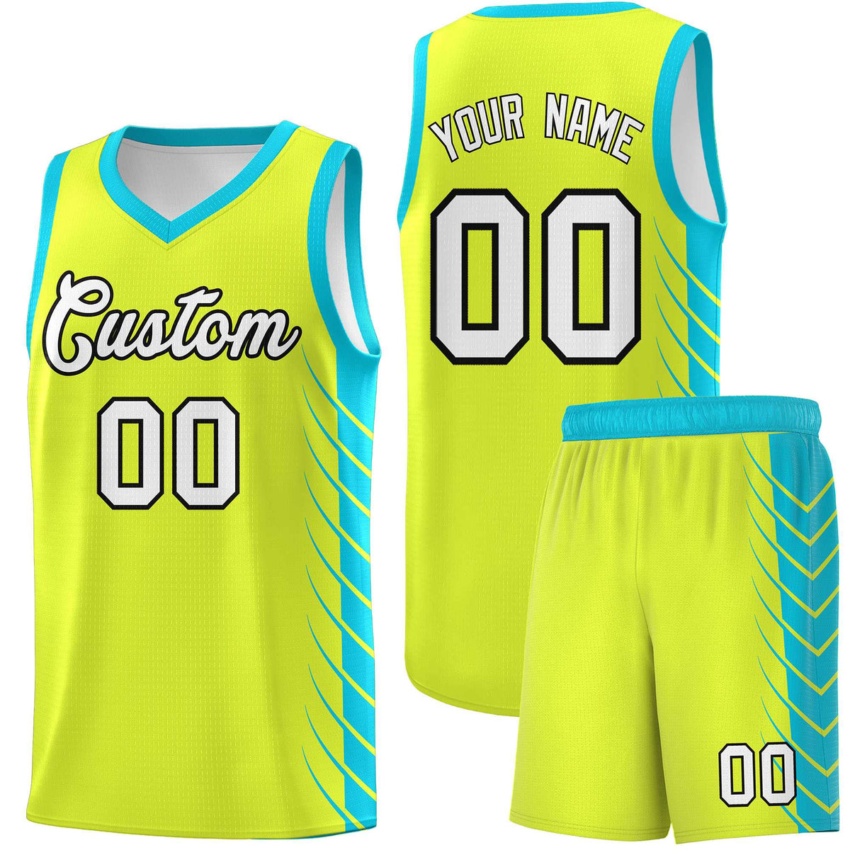 Custom Fluorescent Green Sky Blue Personalized Side Symmetrical Line Pattern Sports Uniform Basketball Jersey| KXKSHOP