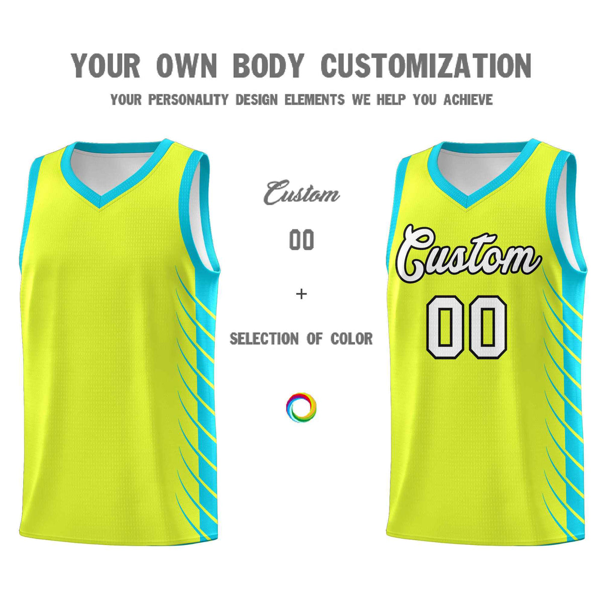 Custom Fluorescent Green Sky Blue Personalized Side Symmetrical Line Pattern Sports Uniform Basketball Jersey| KXKSHOP