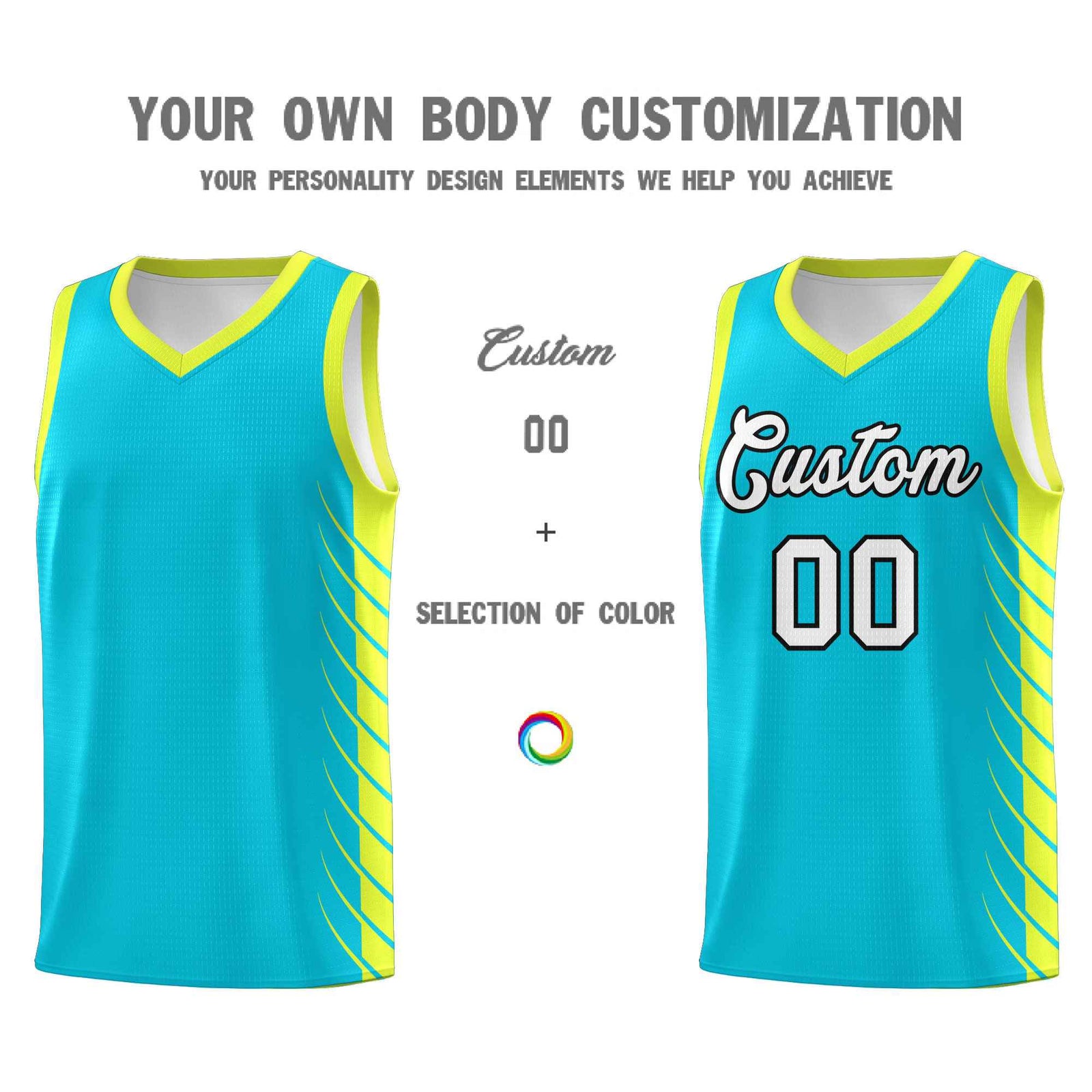 Custom Sky Blue Fluorescent Green Personalized Side Symmetrical Line Pattern Sports Uniform Basketball Jersey| KXKSHOP