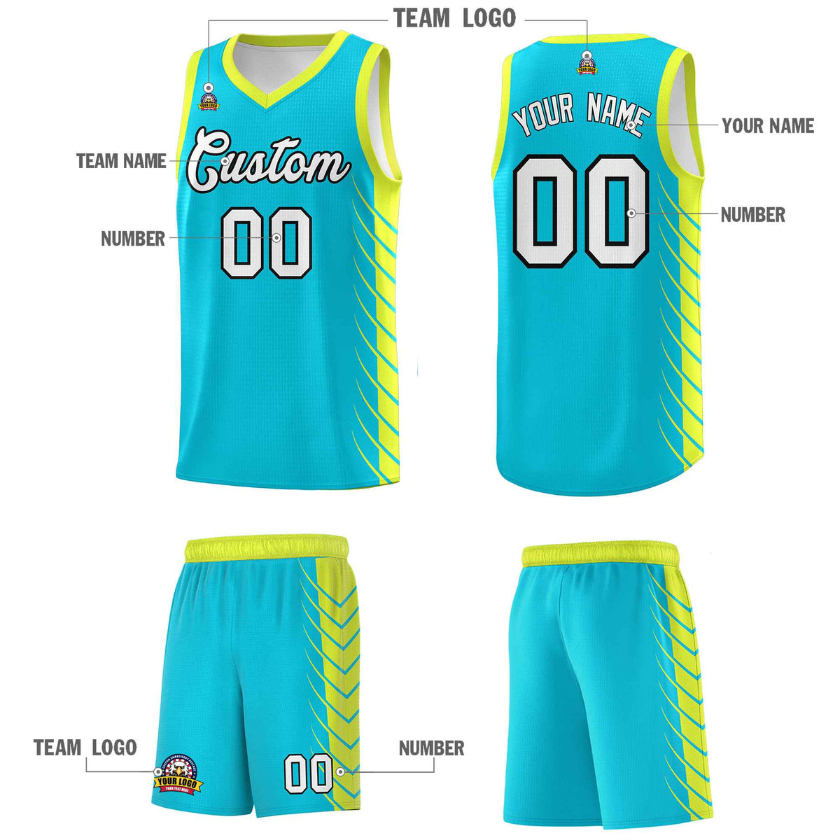Custom Sky Blue Fluorescent Green Personalized Side Symmetrical Line Pattern Sports Uniform Basketball Jersey