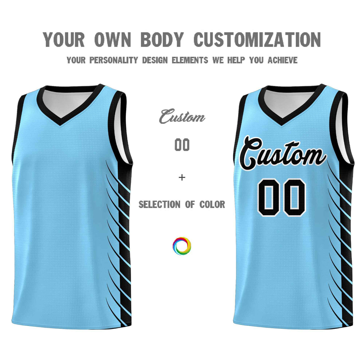 Custom Light Blue Black Personalized Side Symmetrical Line Pattern Sports Uniform Basketball Jersey| KXKSHOP
