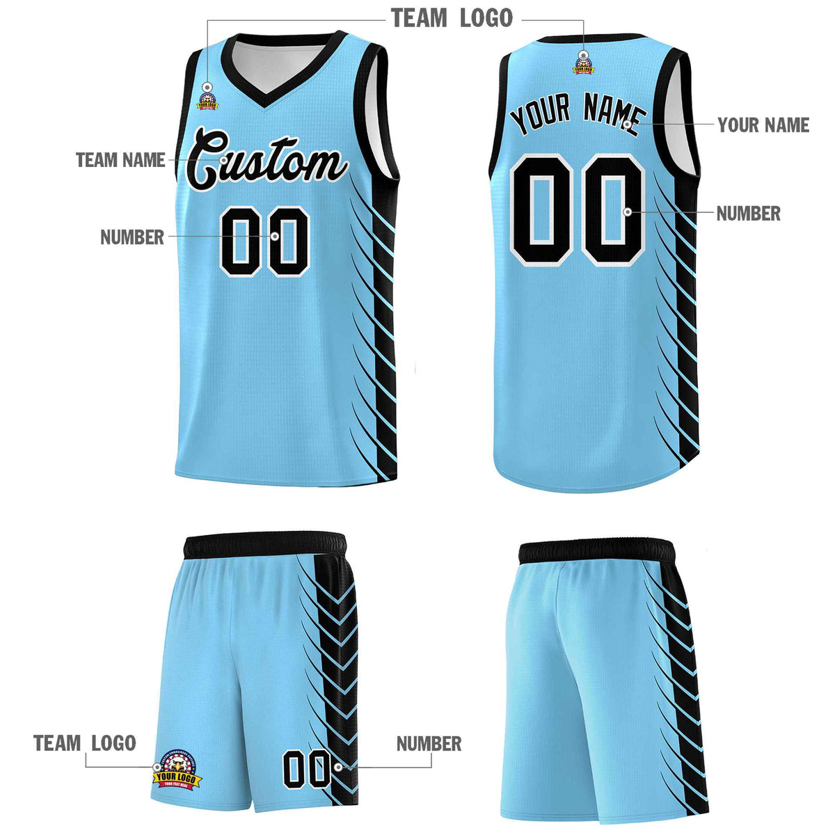 Custom Light Blue Black Personalized Side Symmetrical Line Pattern Sports Uniform Basketball Jersey