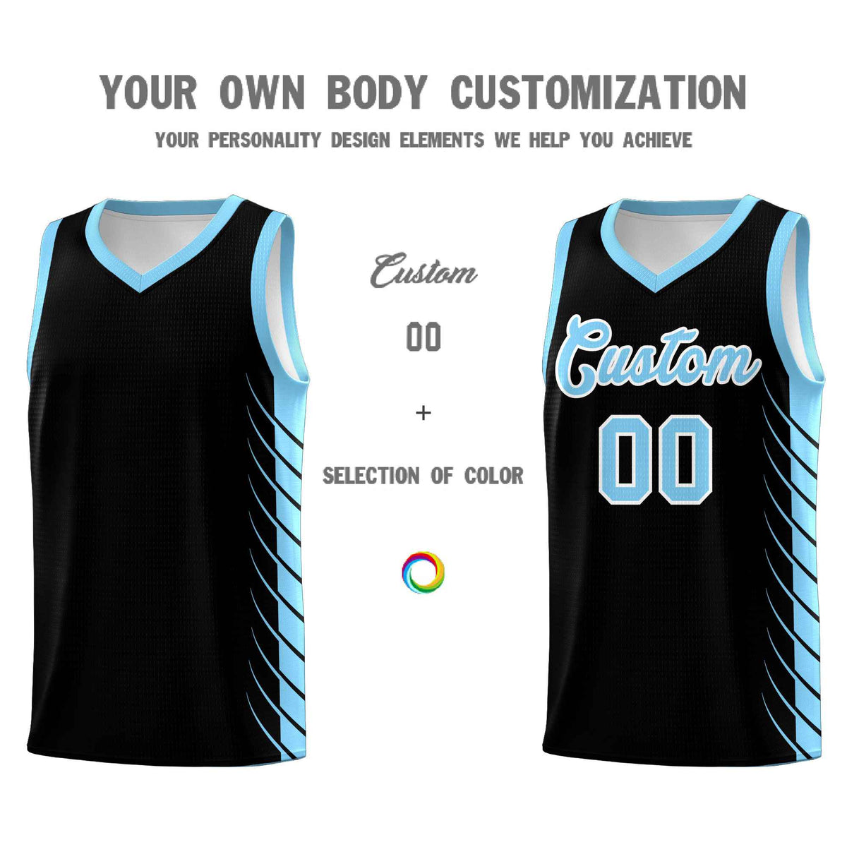 Custom Black Light Blue Personalized Side Symmetrical Line Pattern Sports Uniform Basketball Jersey| KXKSHOP