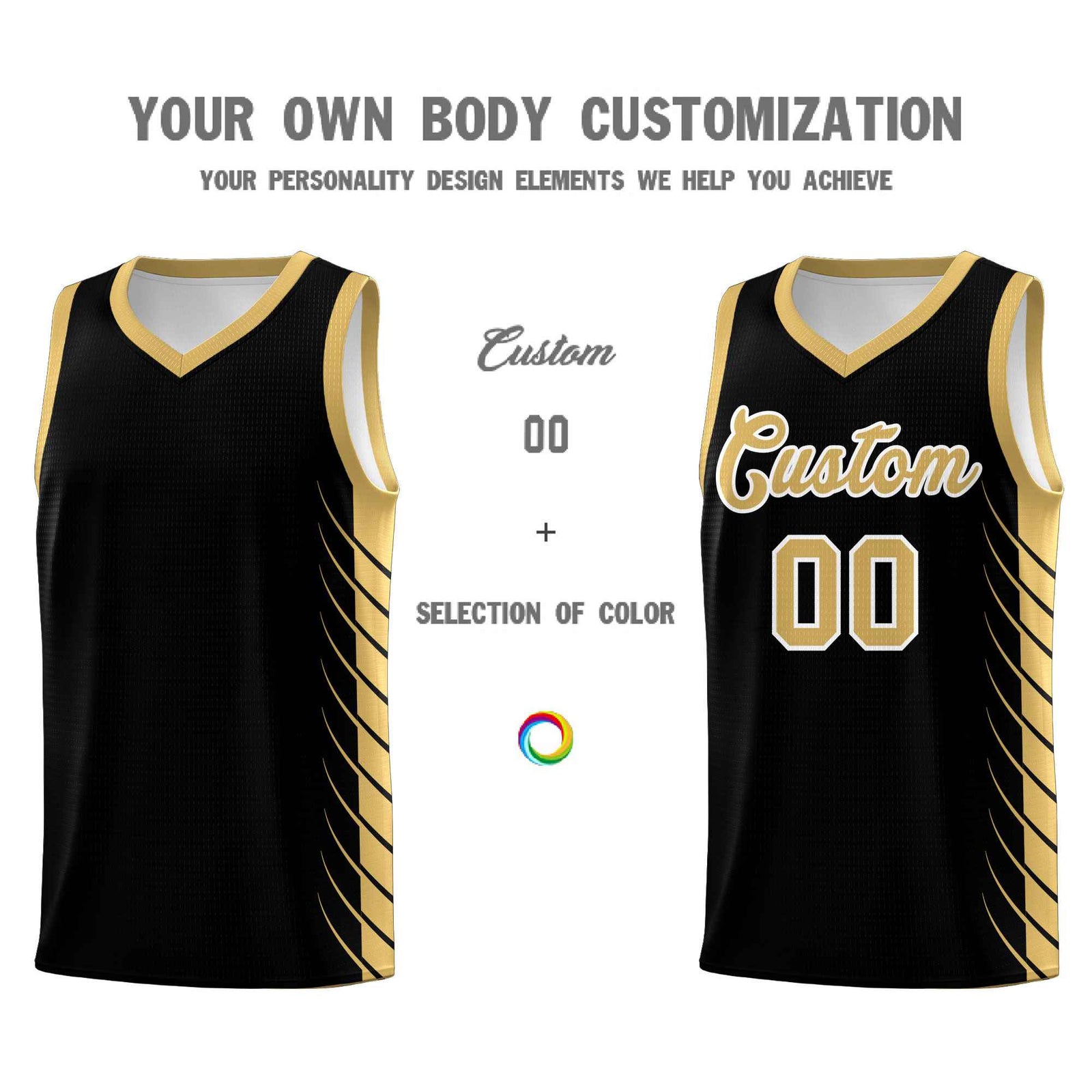 Custom Black Old Gold Personalized Side Symmetrical Line Pattern Sports Uniform Basketball Jersey| KXKSHOP