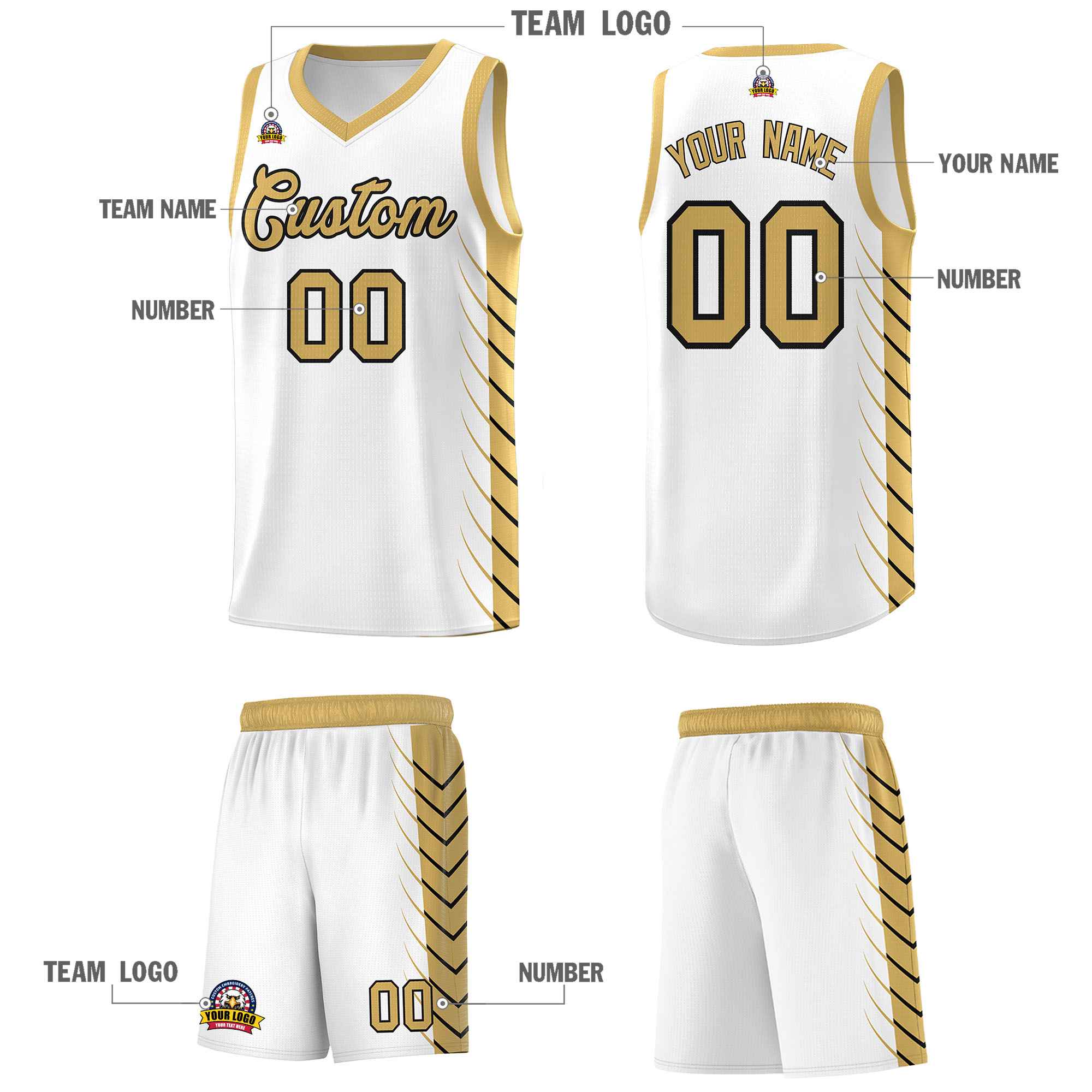 Custom White Old Gold Personalized Side Symmetrical Line Pattern Sports Uniform Basketball Jersey