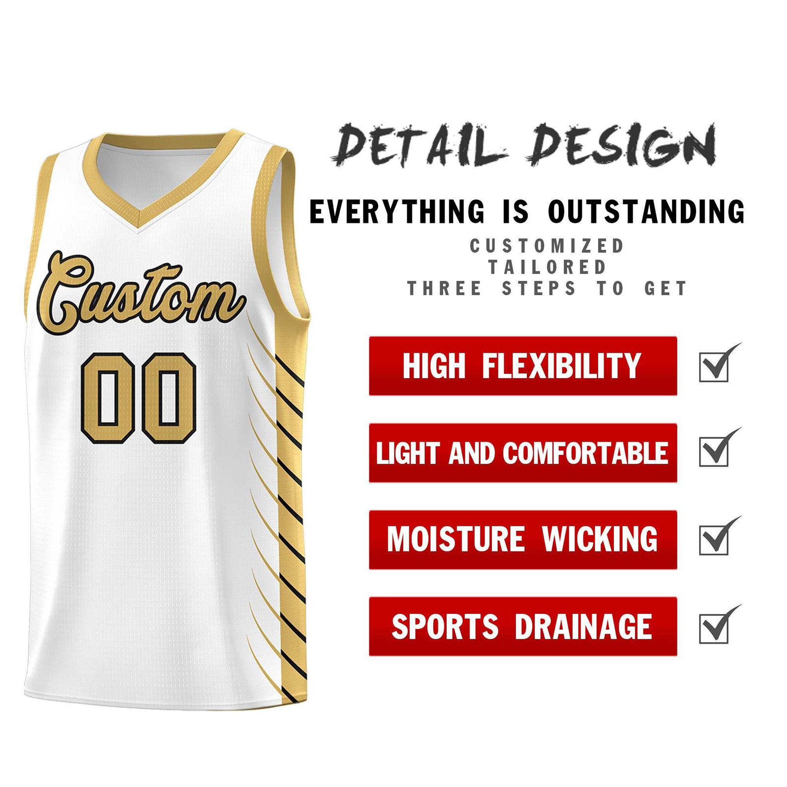 Custom White Old Gold Personalized Side Symmetrical Line Pattern Sports Uniform Basketball Jersey| KXKSHOP