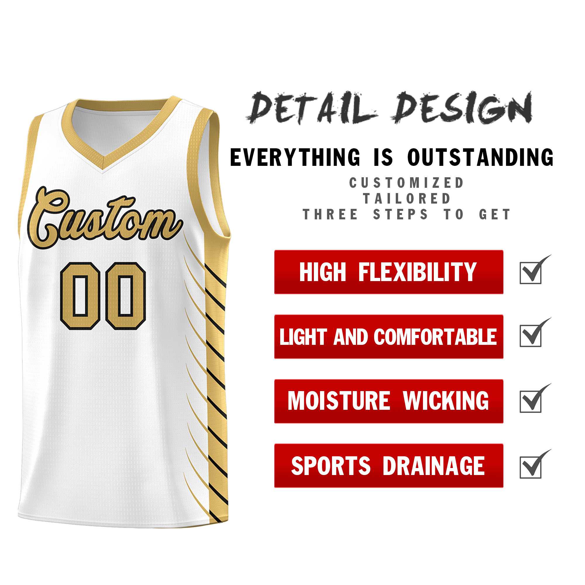 Custom White Old Gold Personalized Side Symmetrical Line Pattern Sports Uniform Basketball Jersey| KXKSHOP