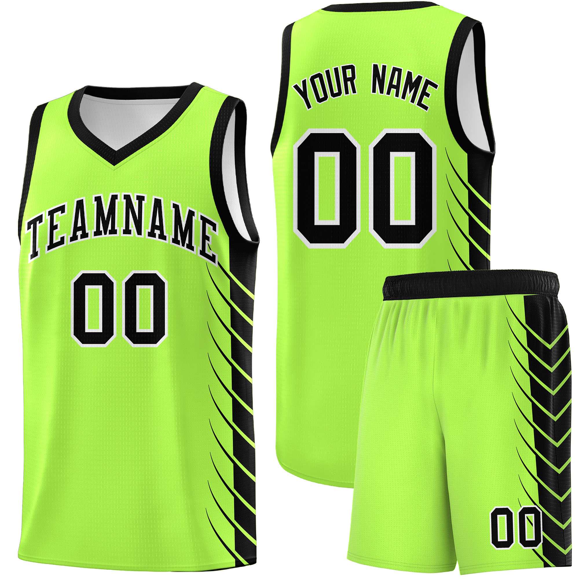 Custom Fluorescent Green Black Personalized Side Symmetrical Line Pattern Sports Uniform Basketball Jersey
