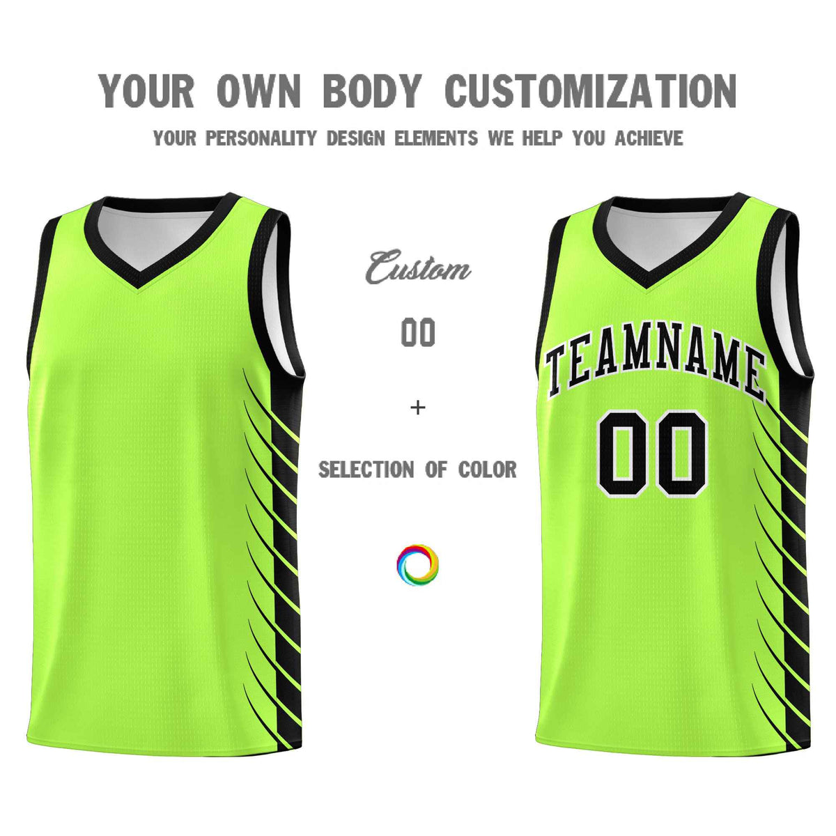 Custom Fluorescent Green Black Personalized Side Symmetrical Line Pattern Sports Uniform Basketball Jersey