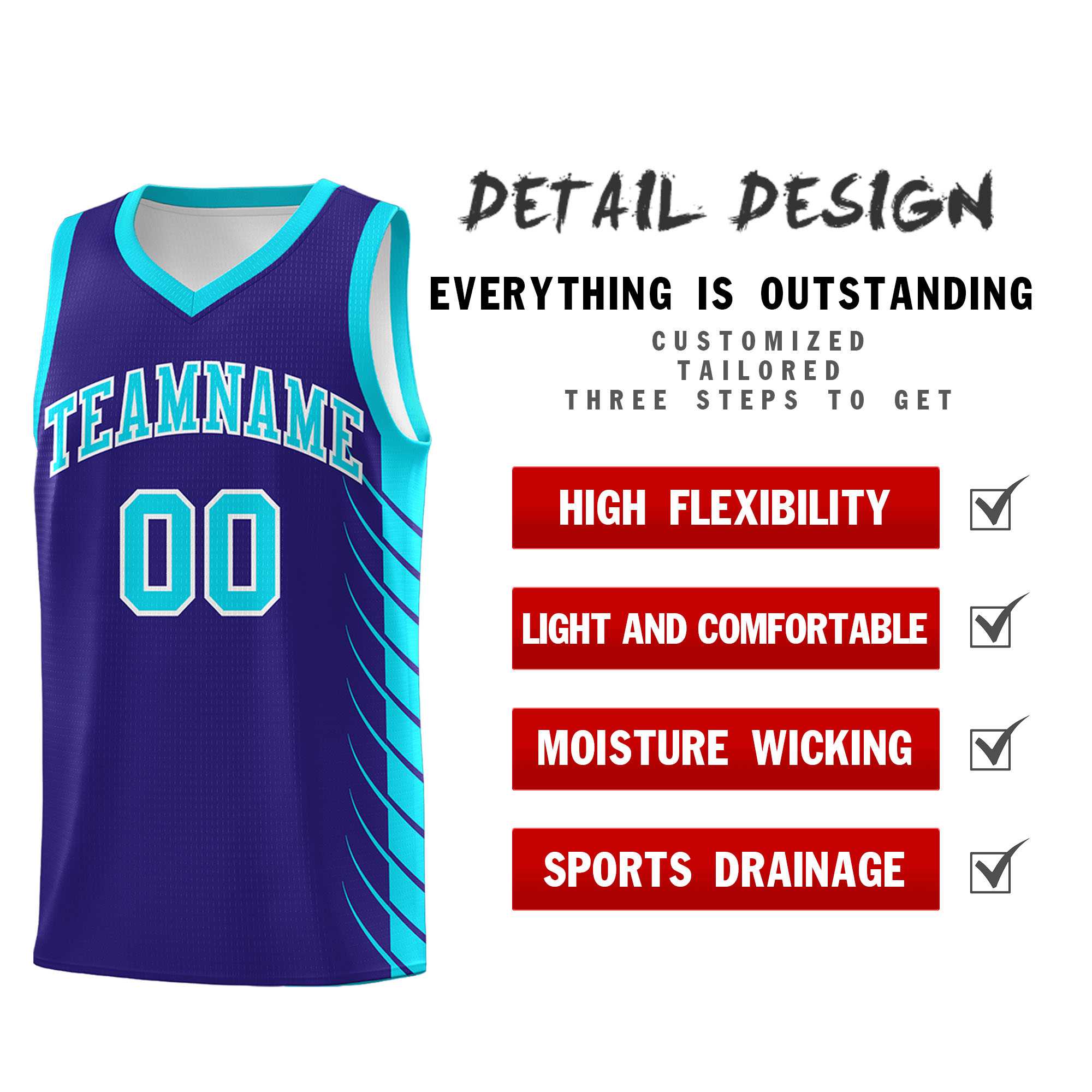 Custom Royal Sky Blue Personalized Side Symmetrical Line Pattern Sports Uniform Basketball Jersey