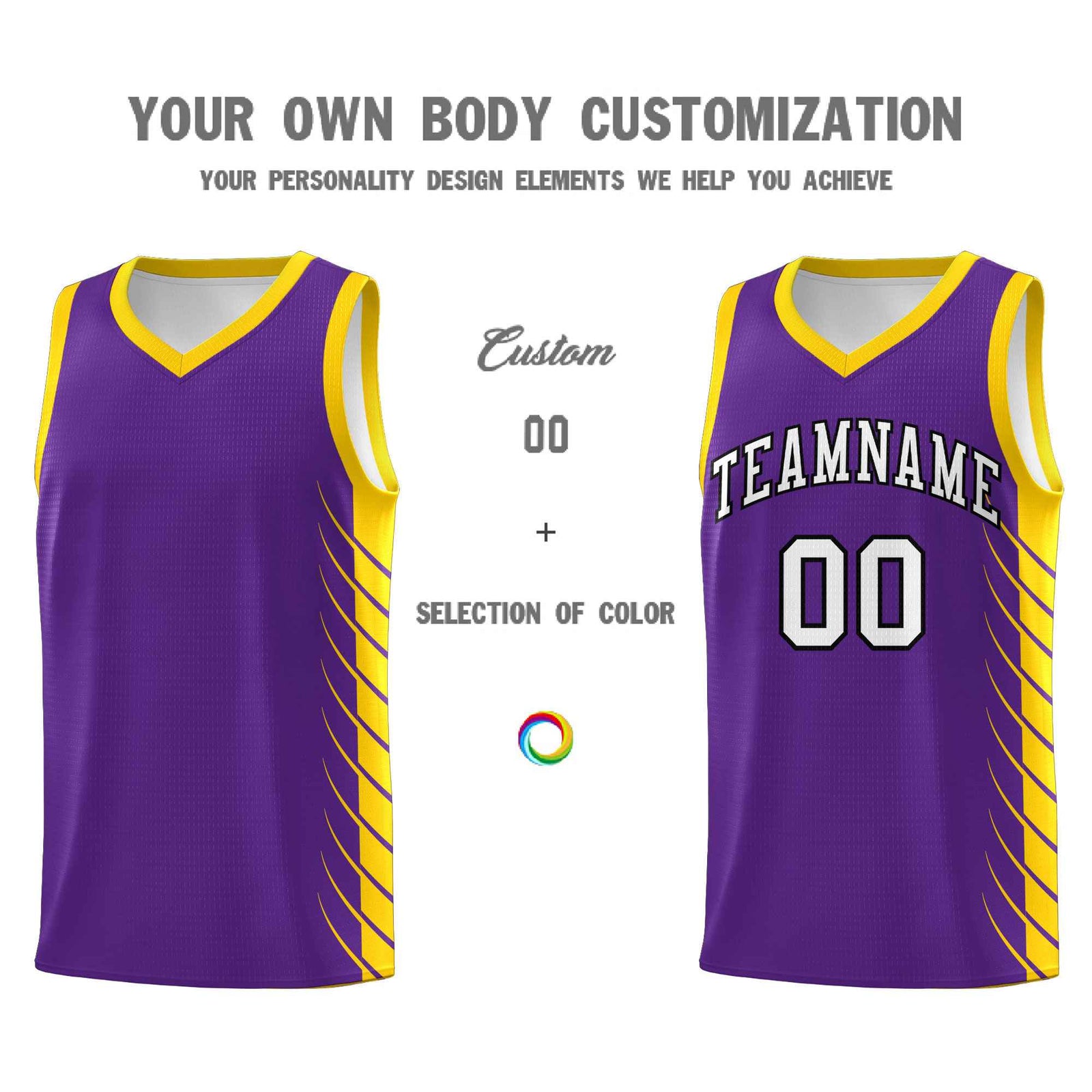 Custom Purple Gold Personalized Side Symmetrical Line Pattern Sports Uniform Basketball Jersey