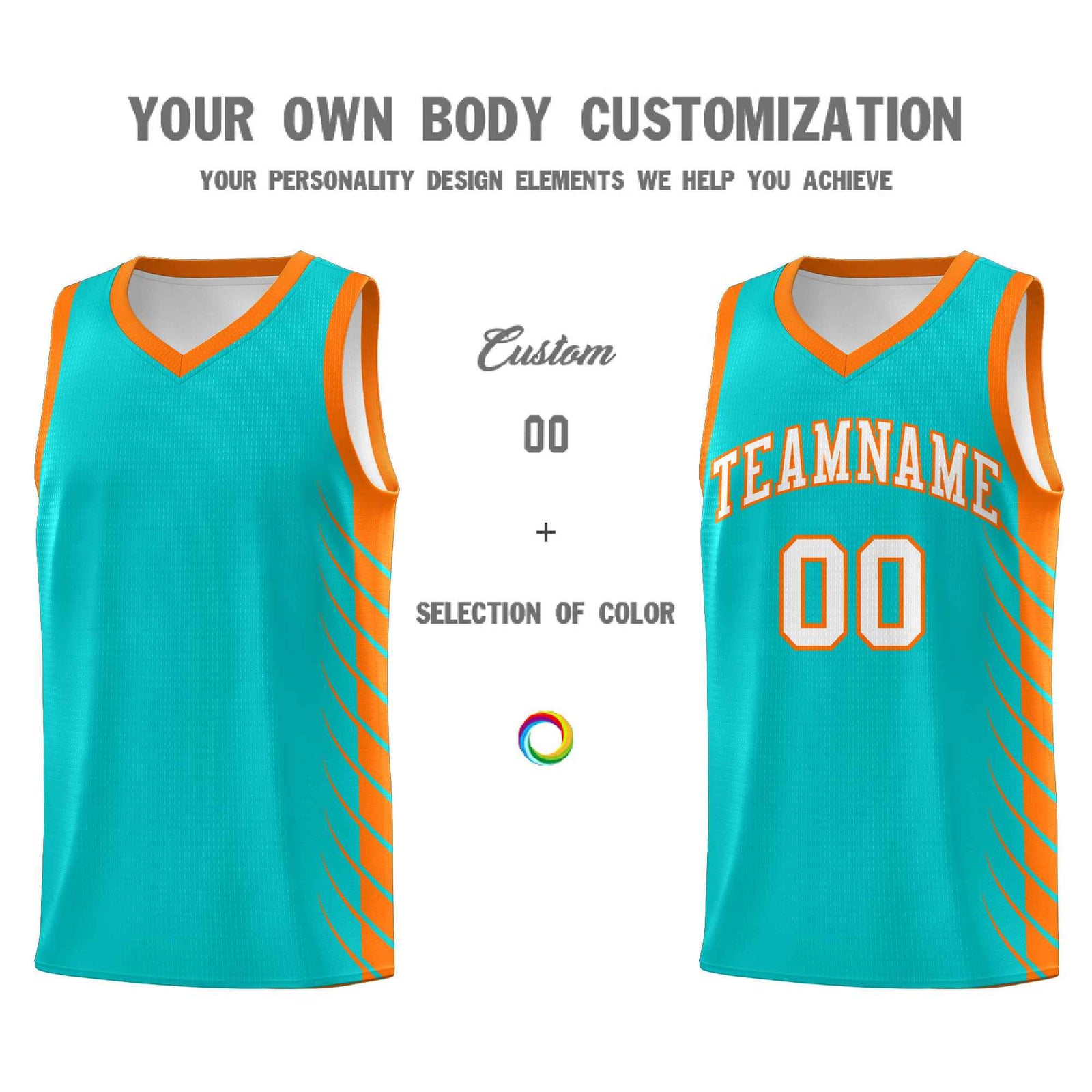 Custom Aqua Orange Personalized Side Symmetrical Line Pattern Sports Uniform Basketball Jersey