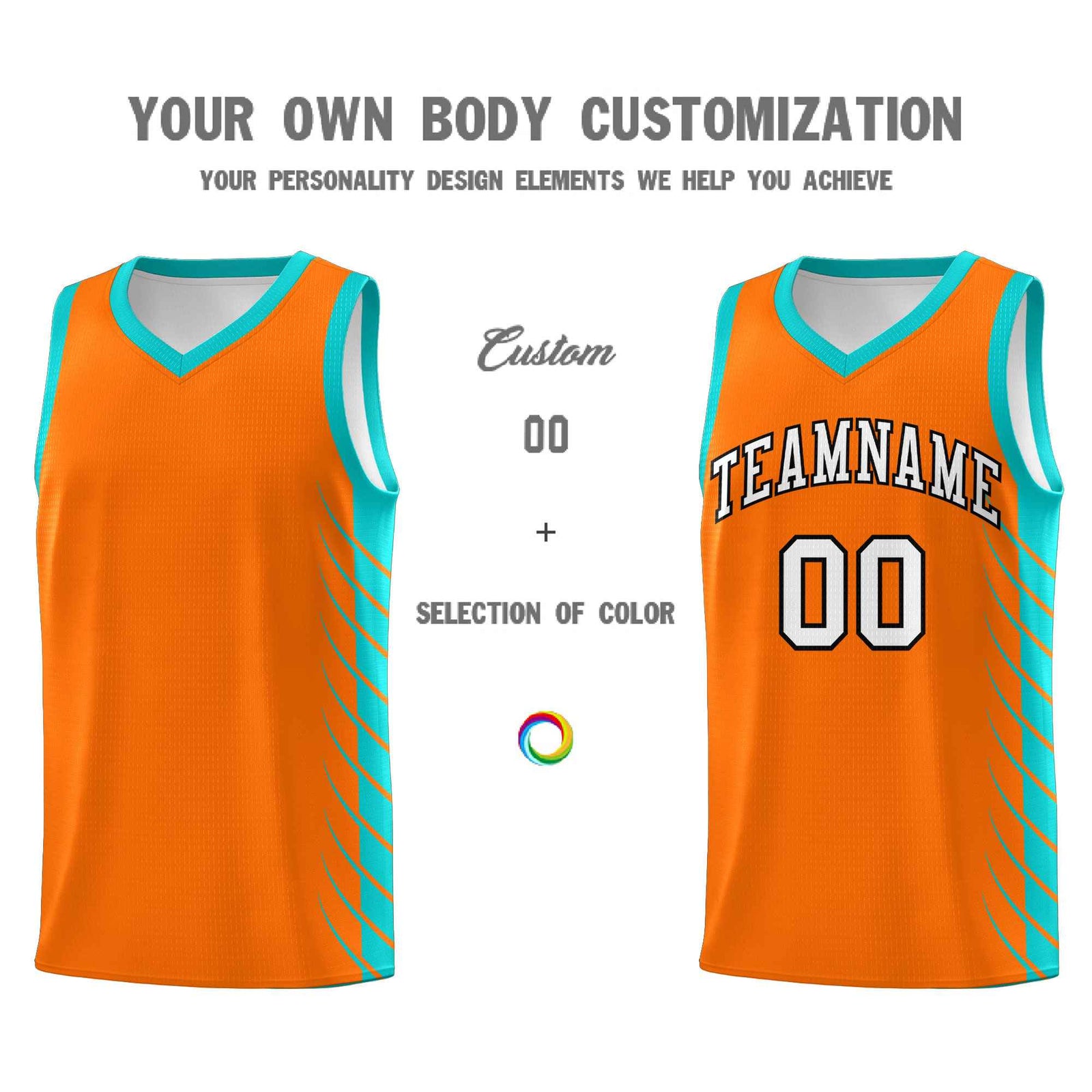 Custom Orange Aqua Personalized Side Symmetrical Line Pattern Sports Uniform Basketball Jersey
