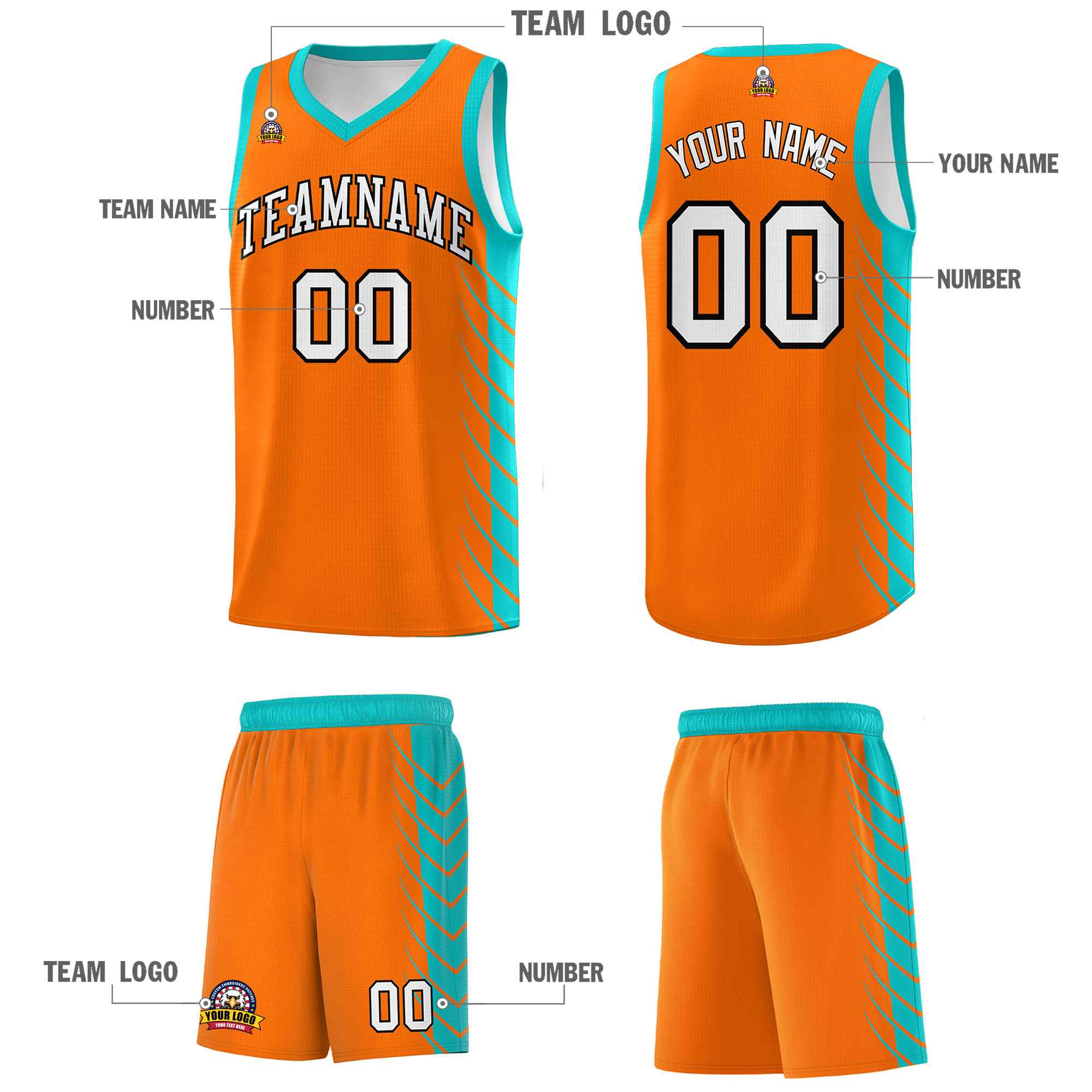 Custom Orange Aqua Personalized Side Symmetrical Line Pattern Sports Uniform Basketball Jersey