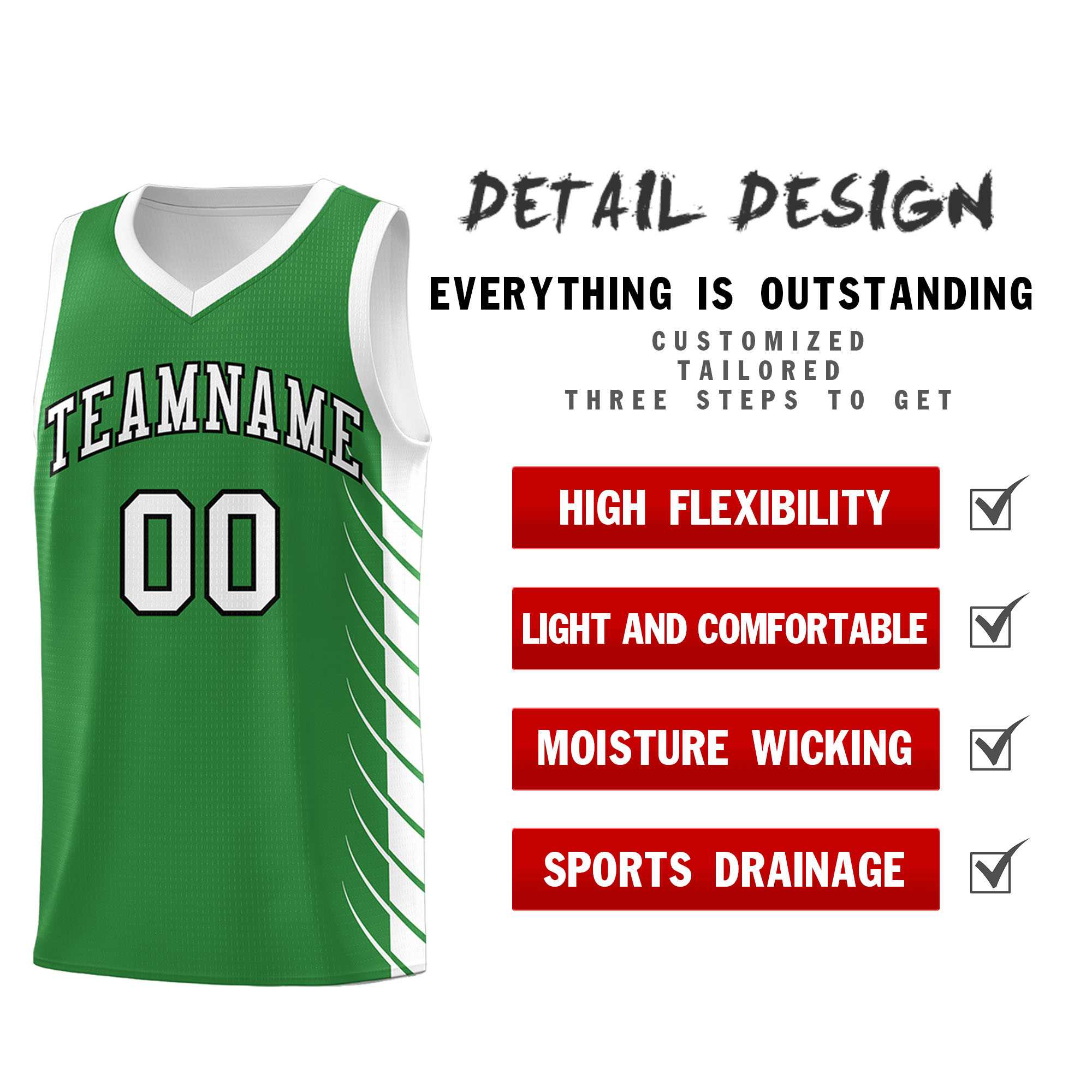 Custom Kelly Green White Personalized Side Symmetrical Line Pattern Sports Uniform Basketball Jersey