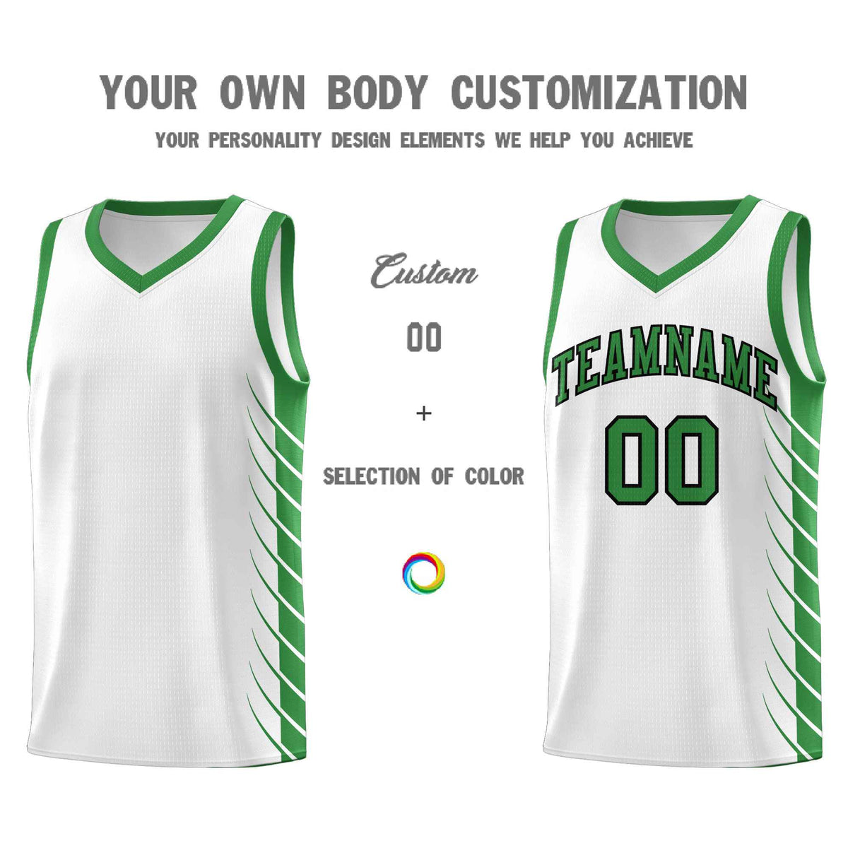 Custom White Kelly Green Personalized Side Symmetrical Line Pattern Sports Uniform Basketball Jersey