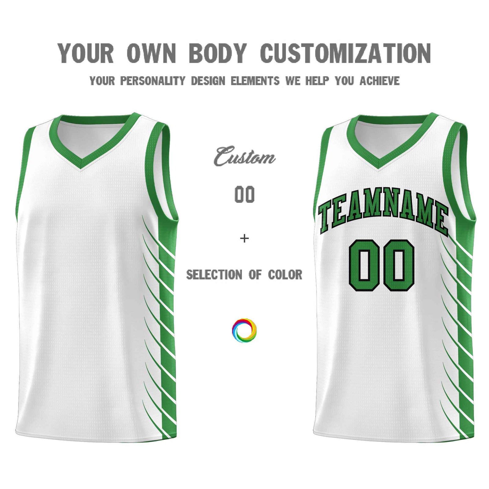 Custom White Kelly Green Personalized Side Symmetrical Line Pattern Sports Uniform Basketball Jersey