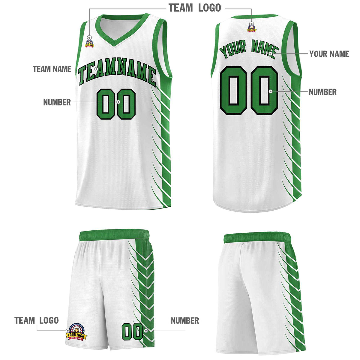 Custom White Kelly Green Personalized Side Symmetrical Line Pattern Sports Uniform Basketball Jersey