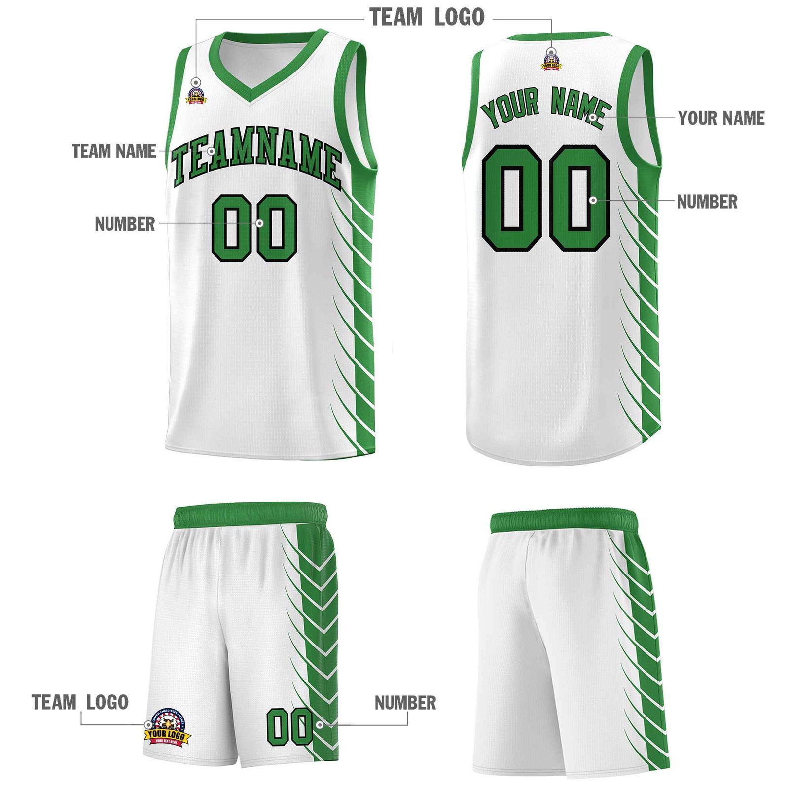 Custom White Kelly Green Personalized Side Symmetrical Line Pattern Sports Uniform Basketball Jersey