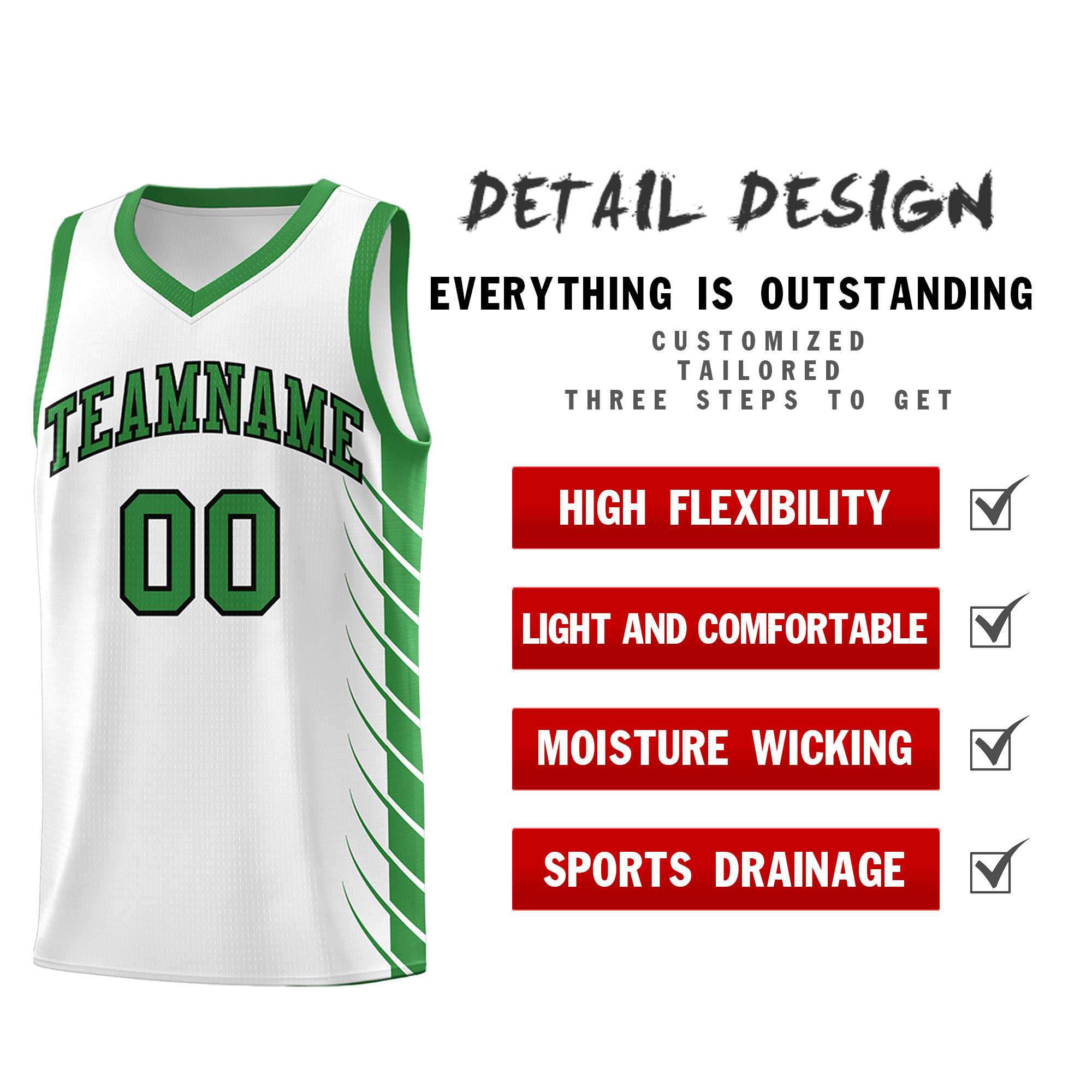 Custom White Kelly Green Personalized Side Symmetrical Line Pattern Sports Uniform Basketball Jersey