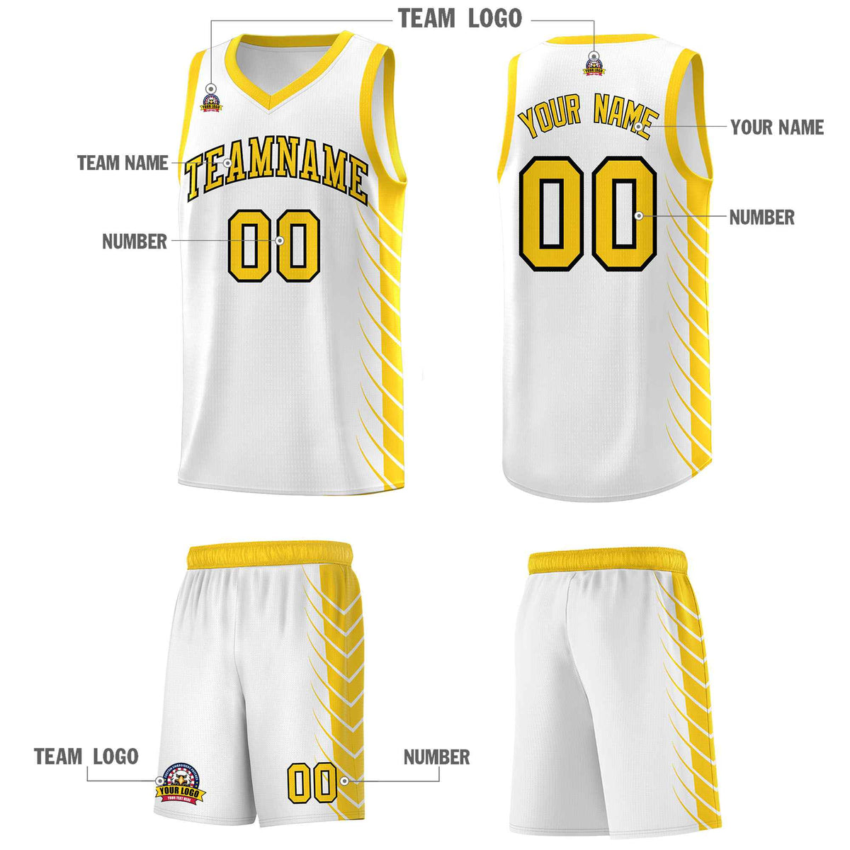 Custom White Gold Personalized Side Symmetrical Line Pattern Sports Uniform Basketball Jersey
