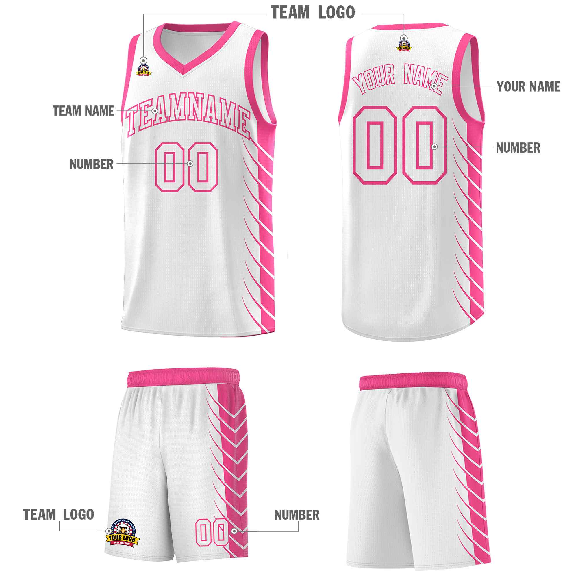 Custom White Pink Personalized Side Symmetrical Line Pattern Sports Uniform Basketball Jersey