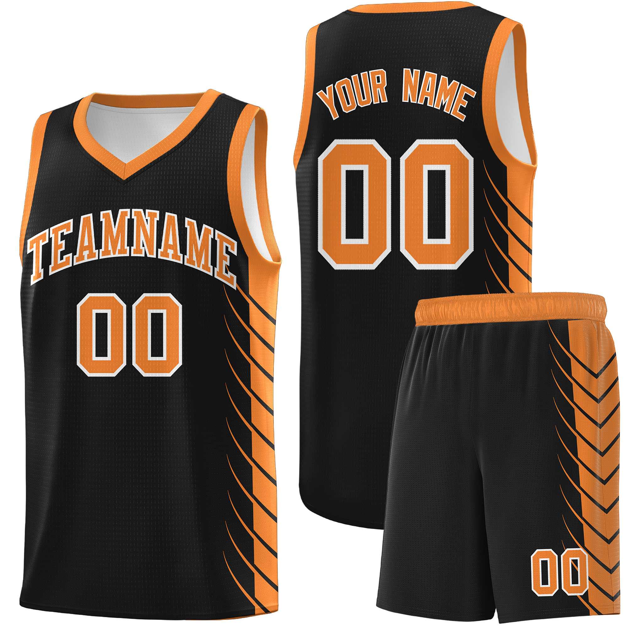 Custom Black Gold Orange Personalized Side Symmetrical Line Pattern Sports Uniform Basketball Jersey