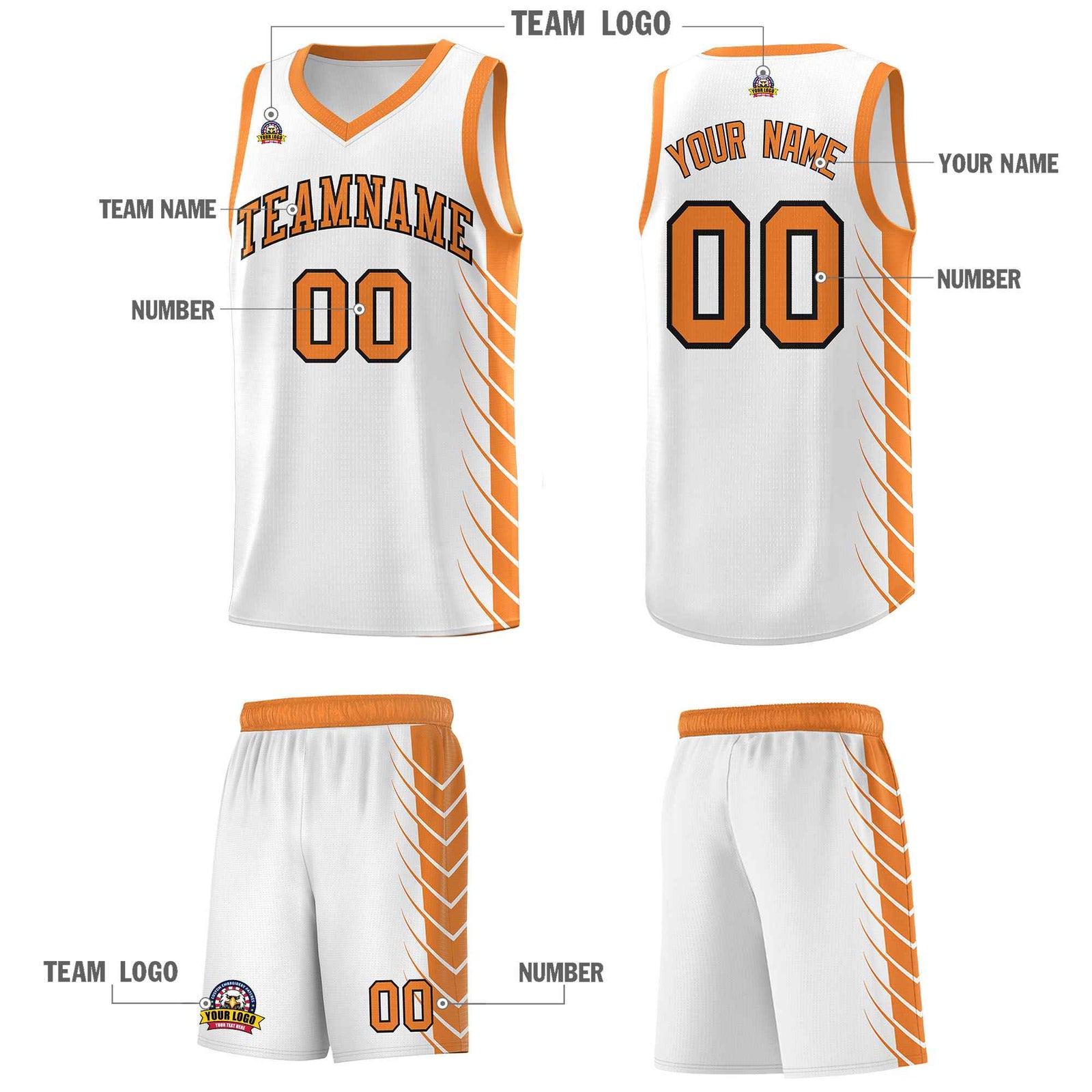 Custom White Gold Orange Personalized Side Symmetrical Line Pattern Sports Uniform Basketball Jersey