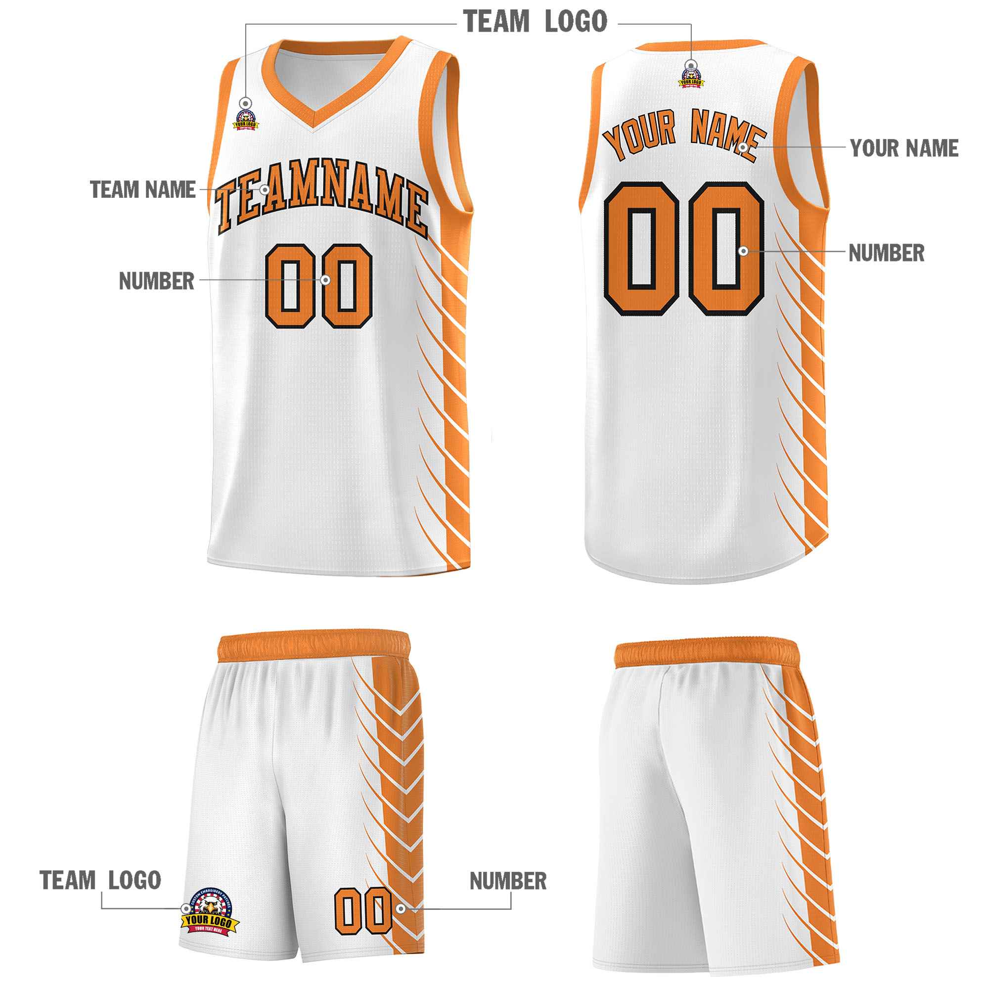 Custom White Gold Orange Personalized Side Symmetrical Line Pattern Sports Uniform Basketball Jersey