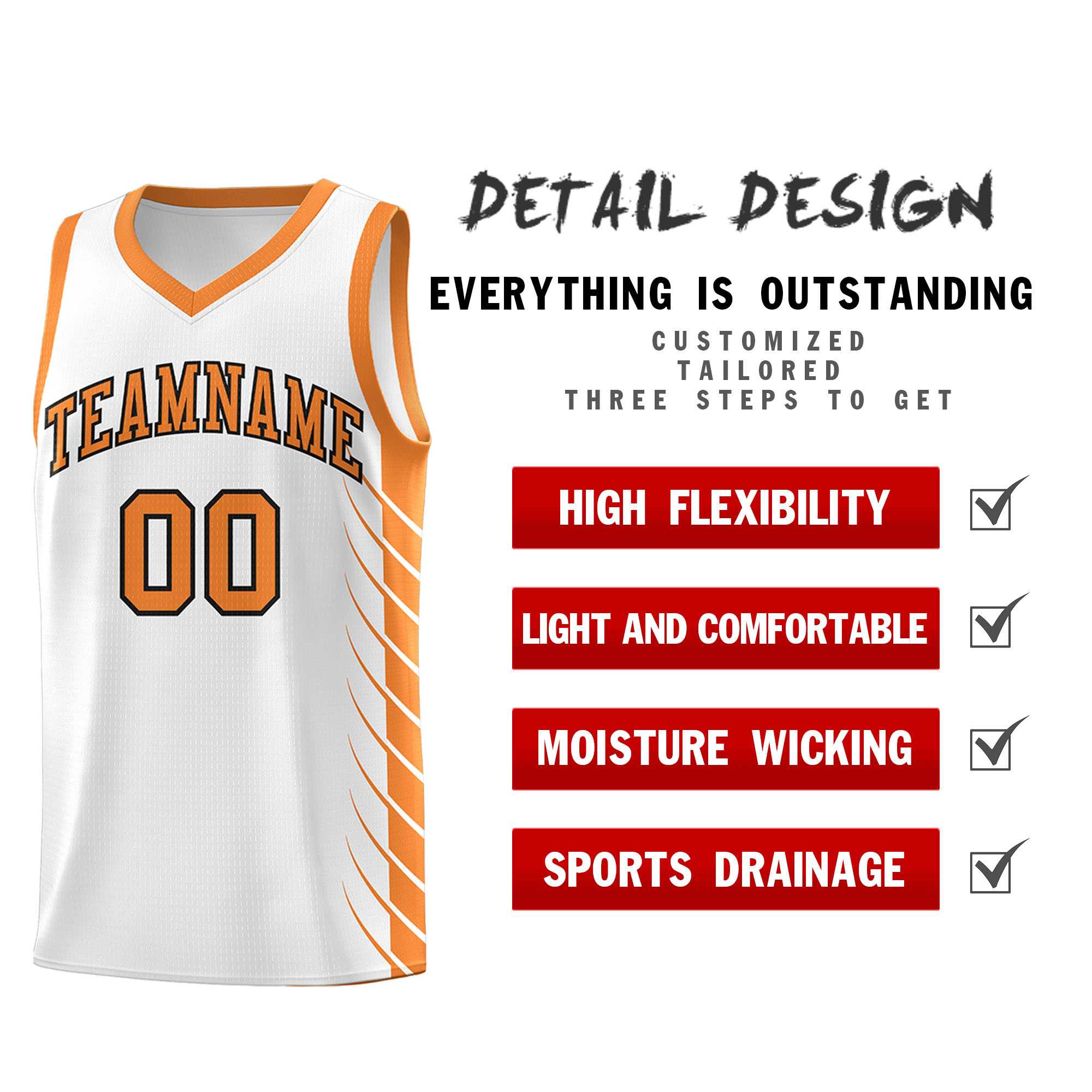 Custom White Gold Orange Personalized Side Symmetrical Line Pattern Sports Uniform Basketball Jersey