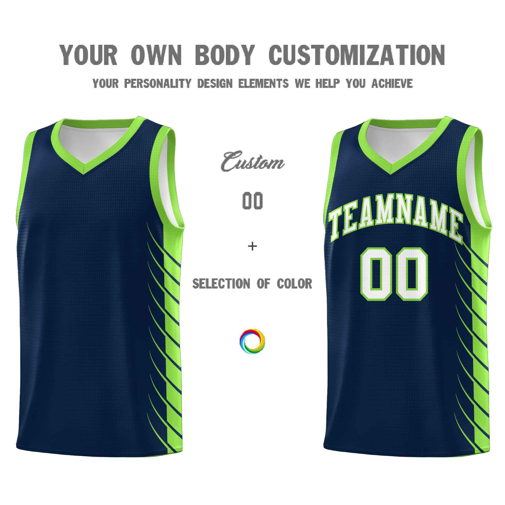 Custom Navy Fluorescent Green Personalized Side Symmetrical Line Pattern Sports Uniform Basketball Jersey