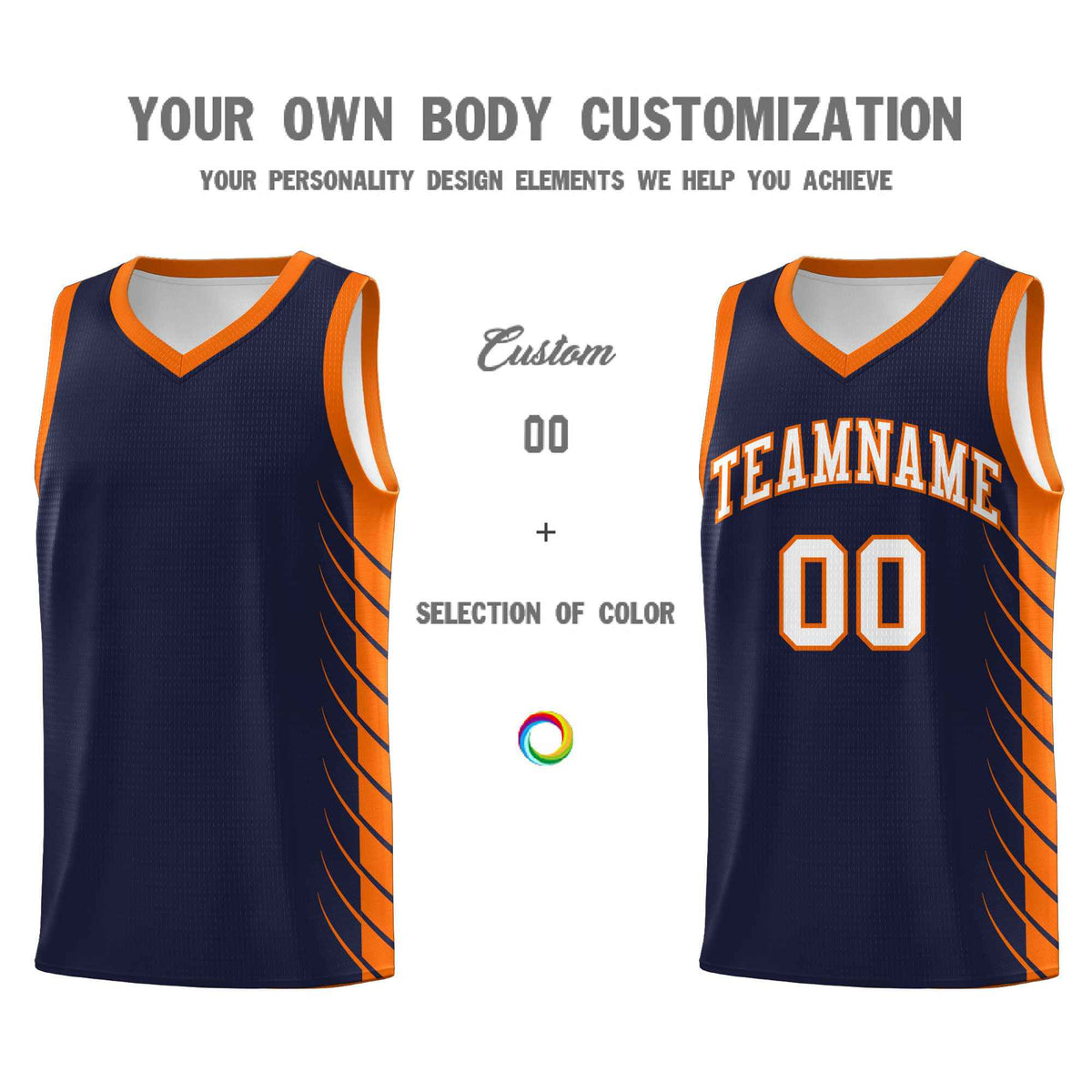 Custom Navy Orange Personalized Side Symmetrical Line Pattern Sports Uniform Basketball Jersey
