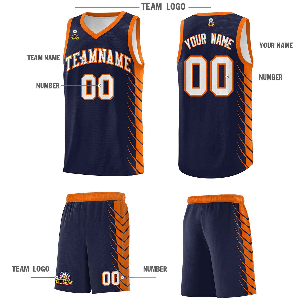 Custom Navy Orange Personalized Side Symmetrical Line Pattern Sports Uniform Basketball Jersey