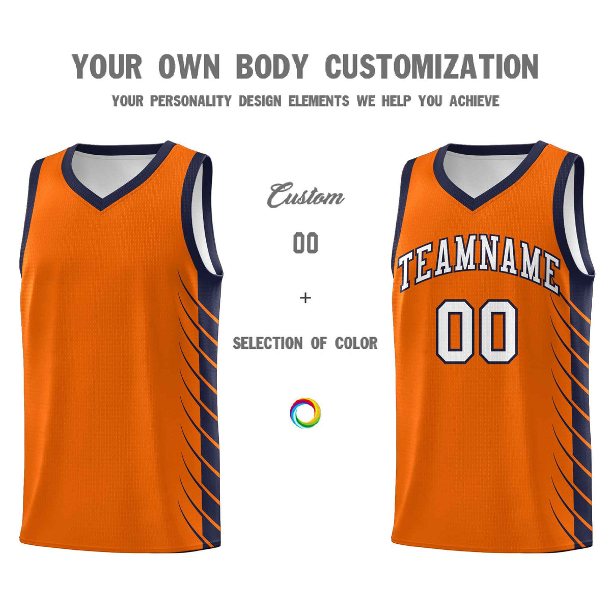 Custom Orange Navy Personalized Side Symmetrical Line Pattern Sports Uniform Basketball Jersey