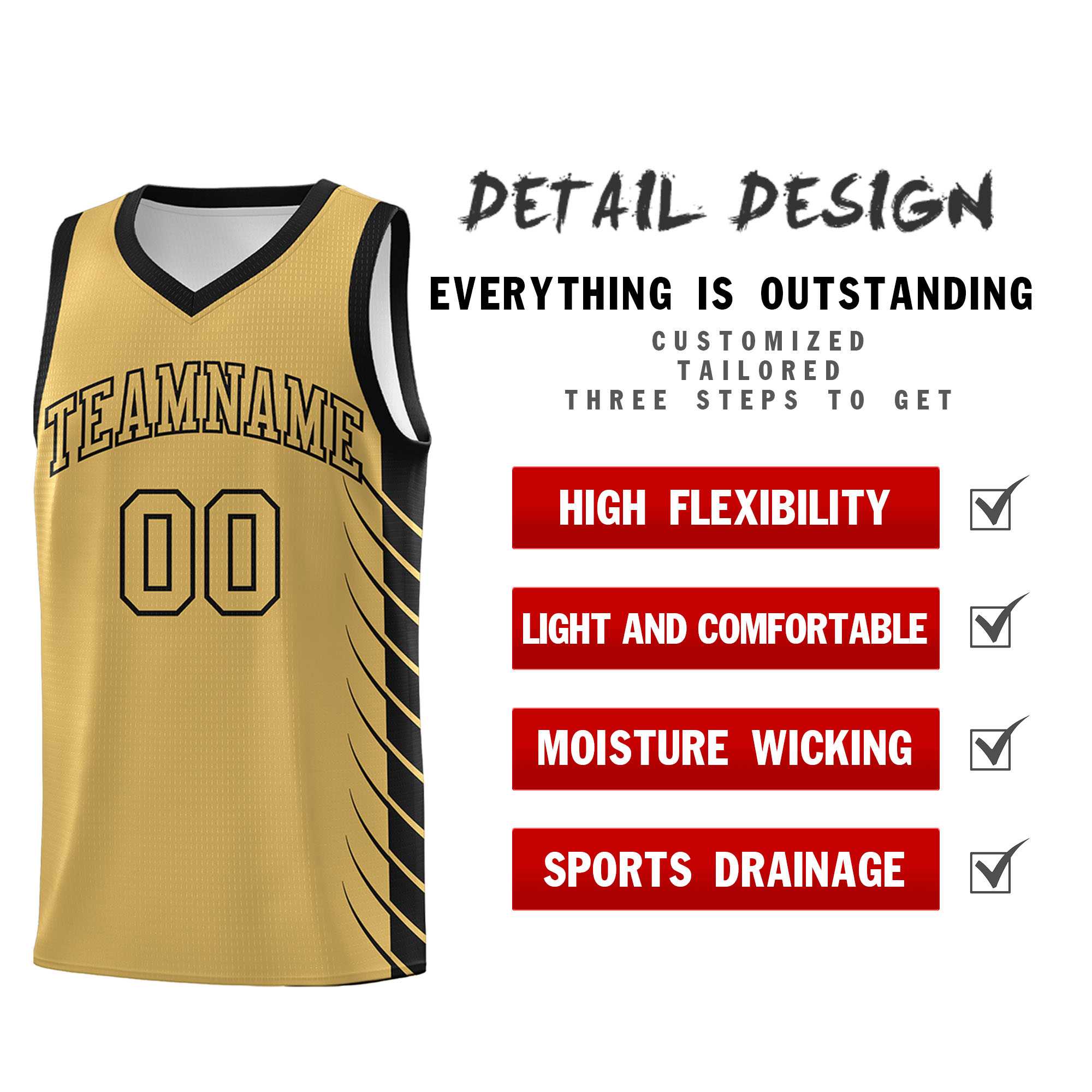Custom Old Gold Black Personalized Side Symmetrical Line Pattern Sports Uniform Basketball Jersey
