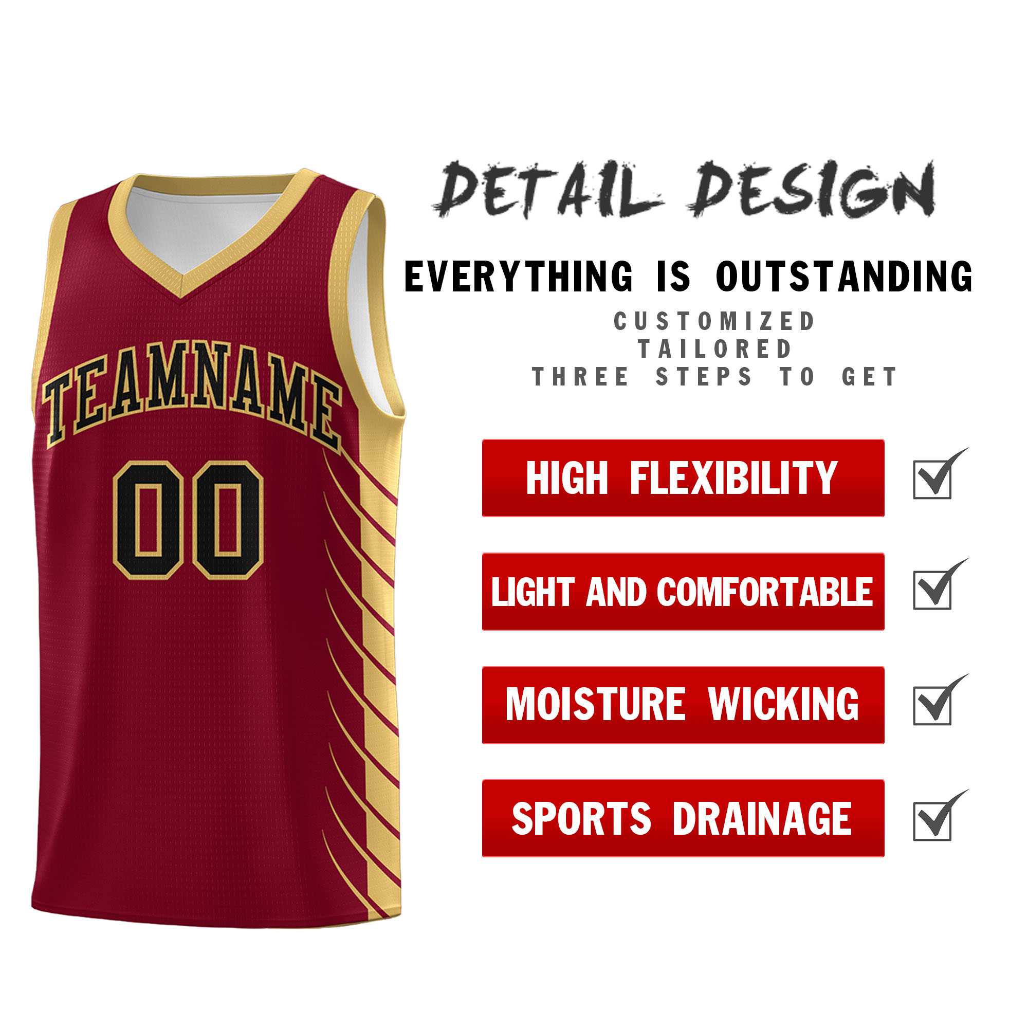 Custom Crimson Old Gold Personalized Side Symmetrical Line Pattern Sports Uniform Basketball Jersey