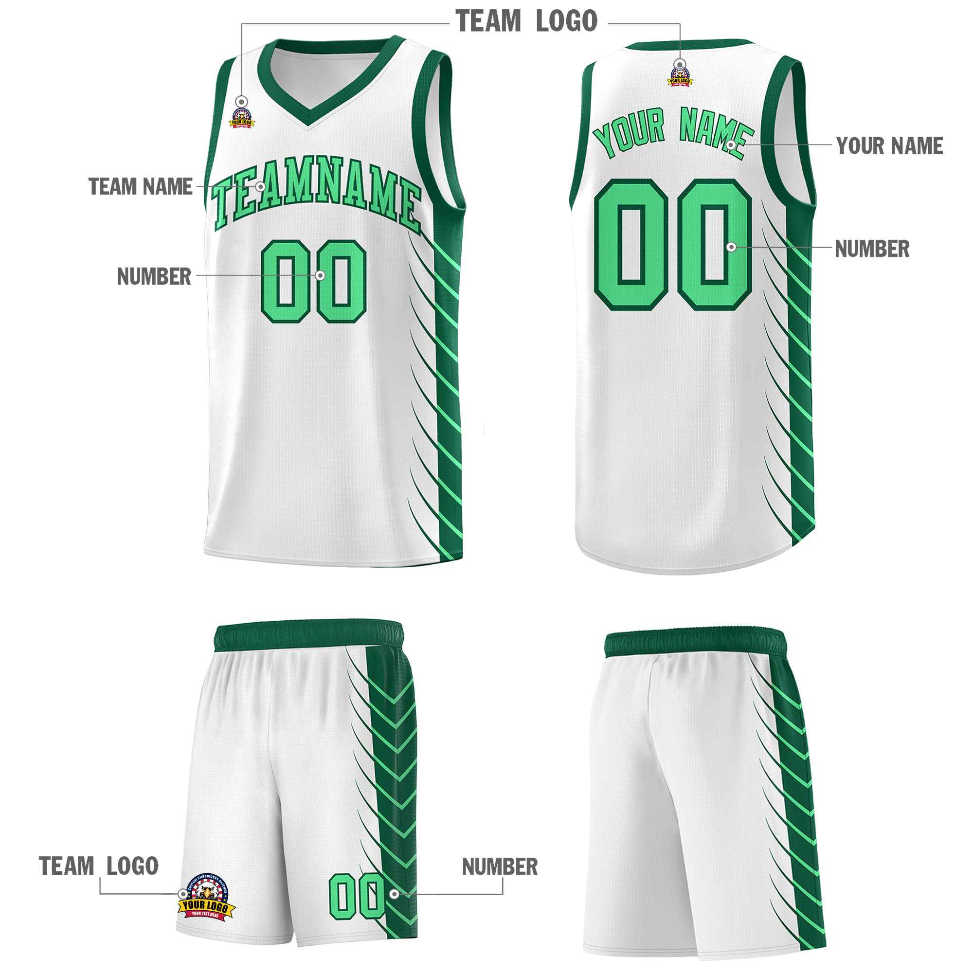Custom White Kelly Green Personalized Side Symmetrical Line Pattern Sports Uniform Basketball Jersey