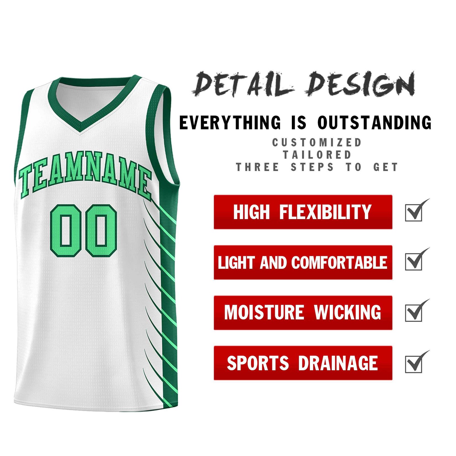 Custom White Kelly Green Personalized Side Symmetrical Line Pattern Sports Uniform Basketball Jersey