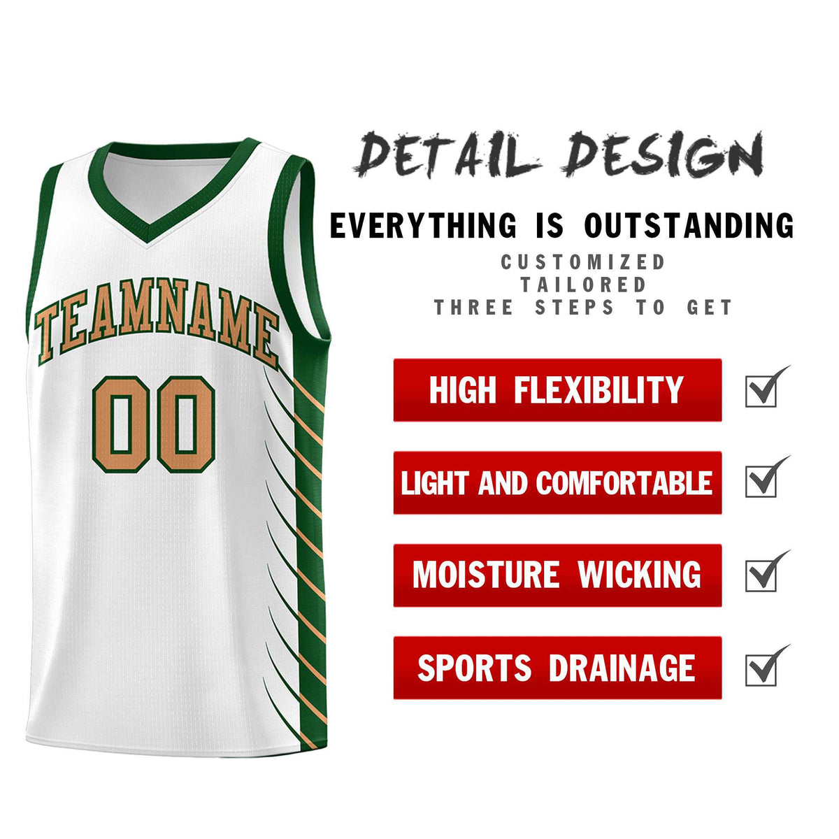 Custom White Green Personalized Side Symmetrical Line Pattern Sports Uniform Basketball Jersey