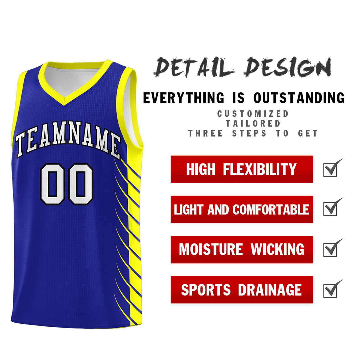 Custom Royal Fluorescent Yellow Personalized Side Symmetrical Line Pattern Sports Uniform Basketball Jersey