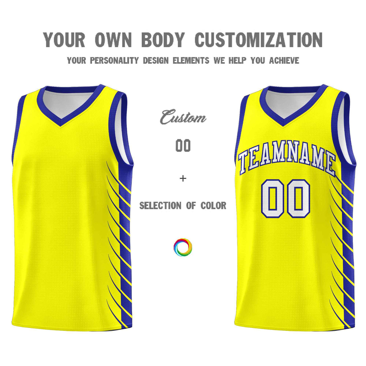 Custom Fluorescent Yellow Royal Personalized Side Symmetrical Line Pattern Sports Uniform Basketball Jersey