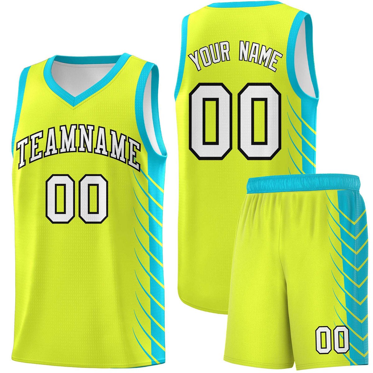 Custom Fluorescent Green Sky Blue Personalized Side Symmetrical Line Pattern Sports Uniform Basketball Jersey