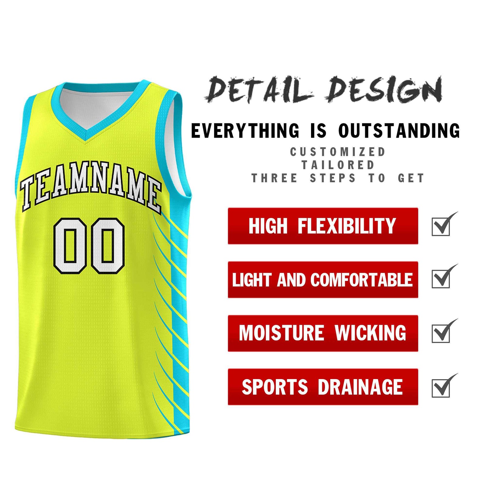 Custom Fluorescent Green Sky Blue Personalized Side Symmetrical Line Pattern Sports Uniform Basketball Jersey