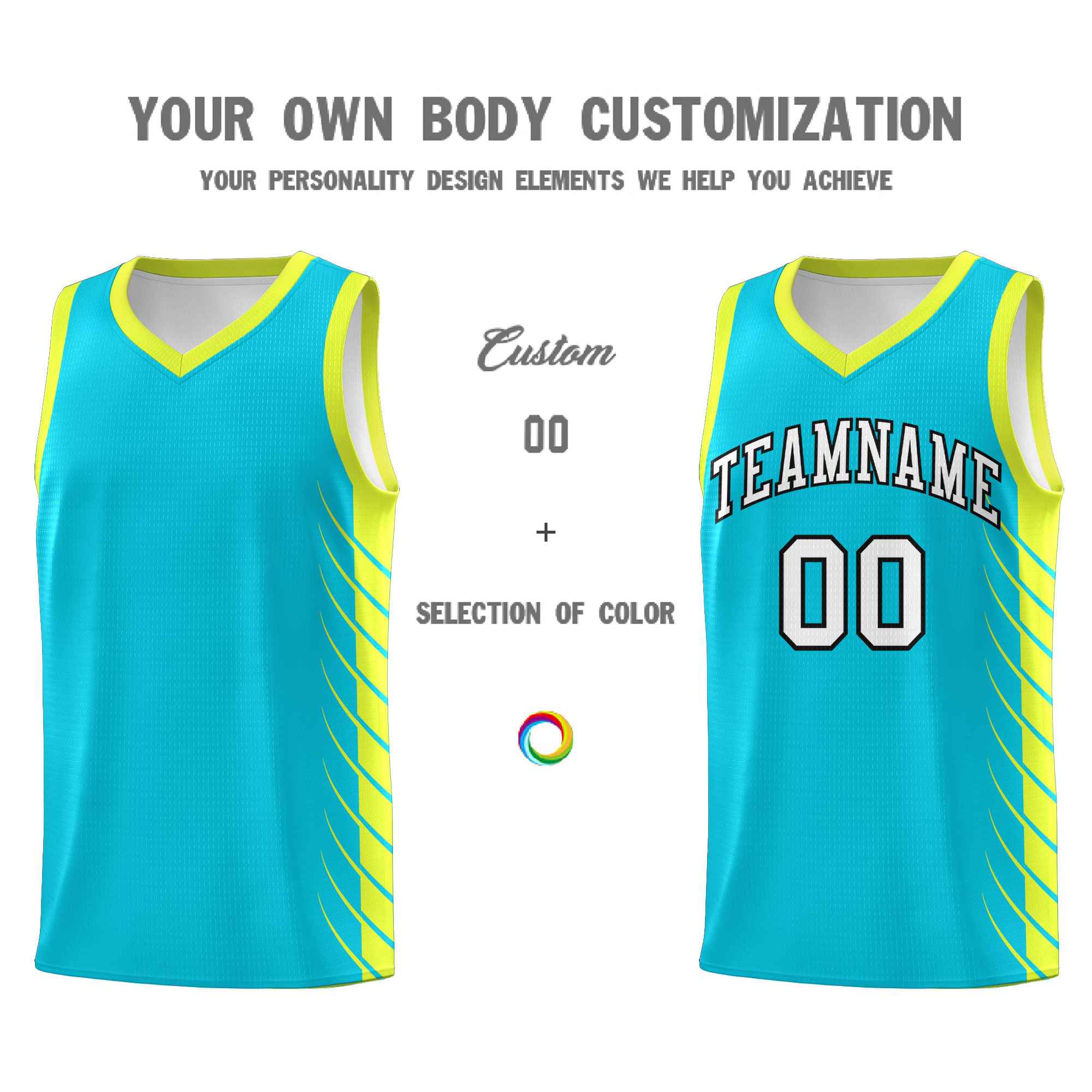 Custom Sky Blue Fluorescent Green Personalized Side Symmetrical Line Pattern Sports Uniform Basketball Jersey