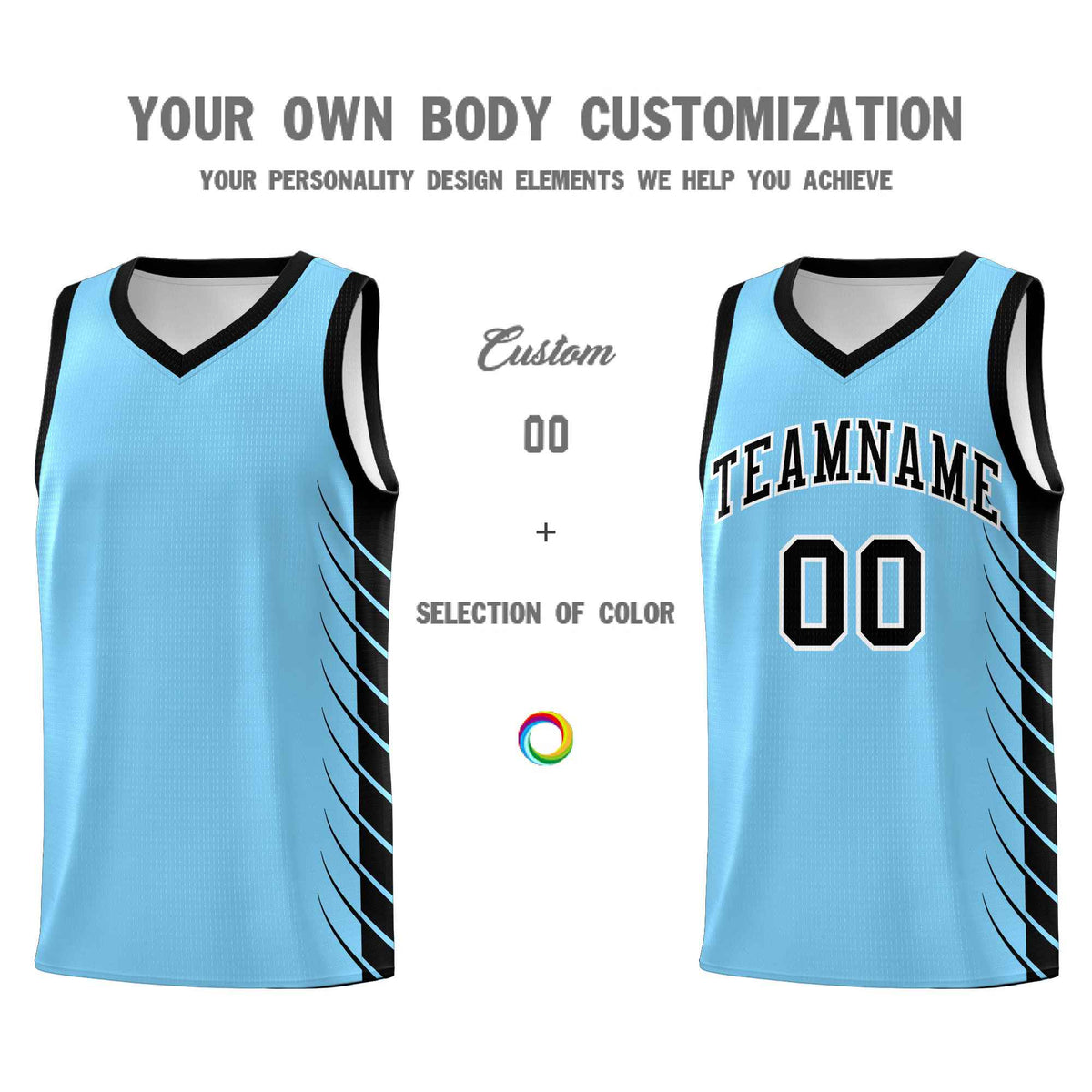Custom Light Blue Black Personalized Side Symmetrical Line Pattern Sports Uniform Basketball Jersey